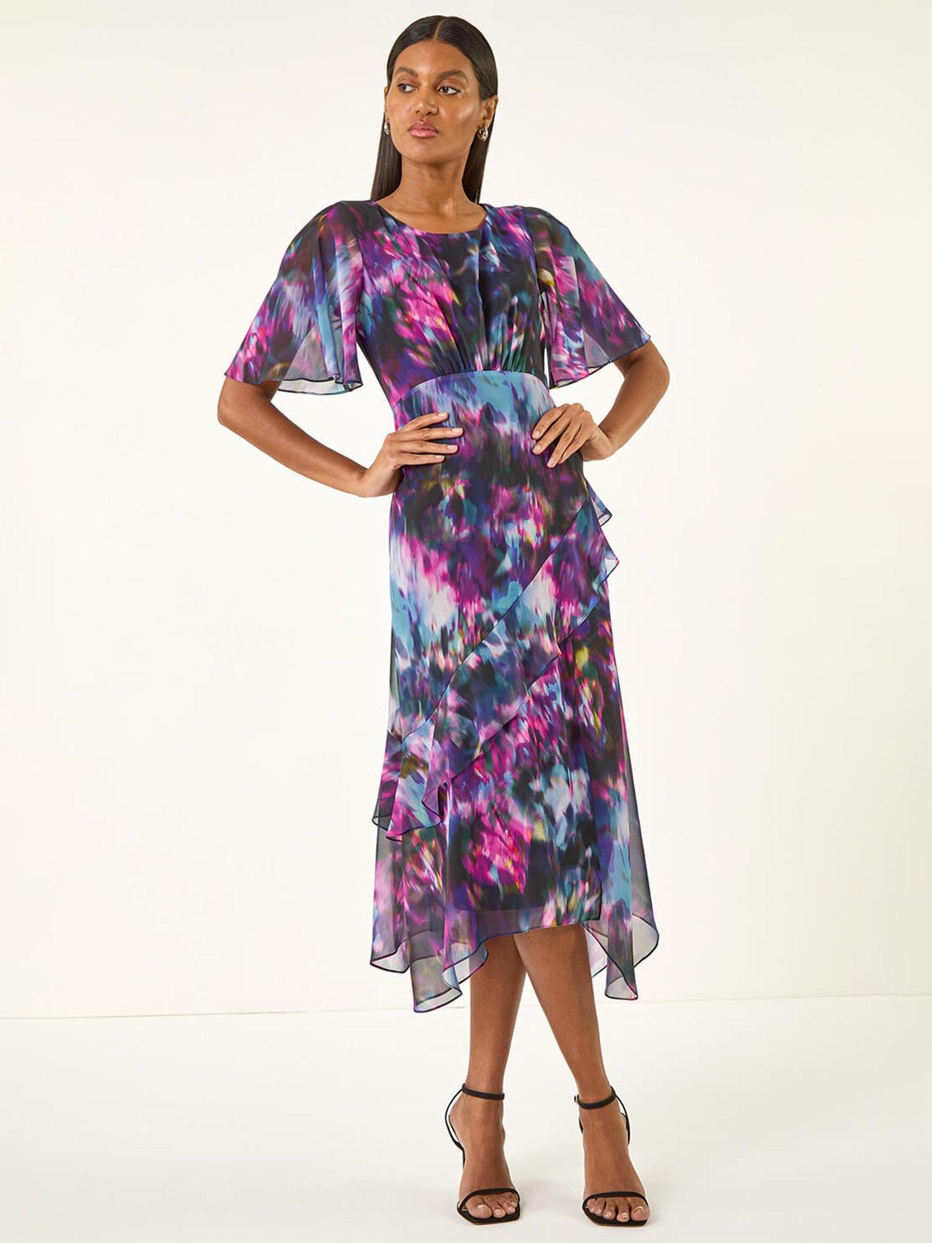 Roman Blurred Floral Frill Midi Dress - Black