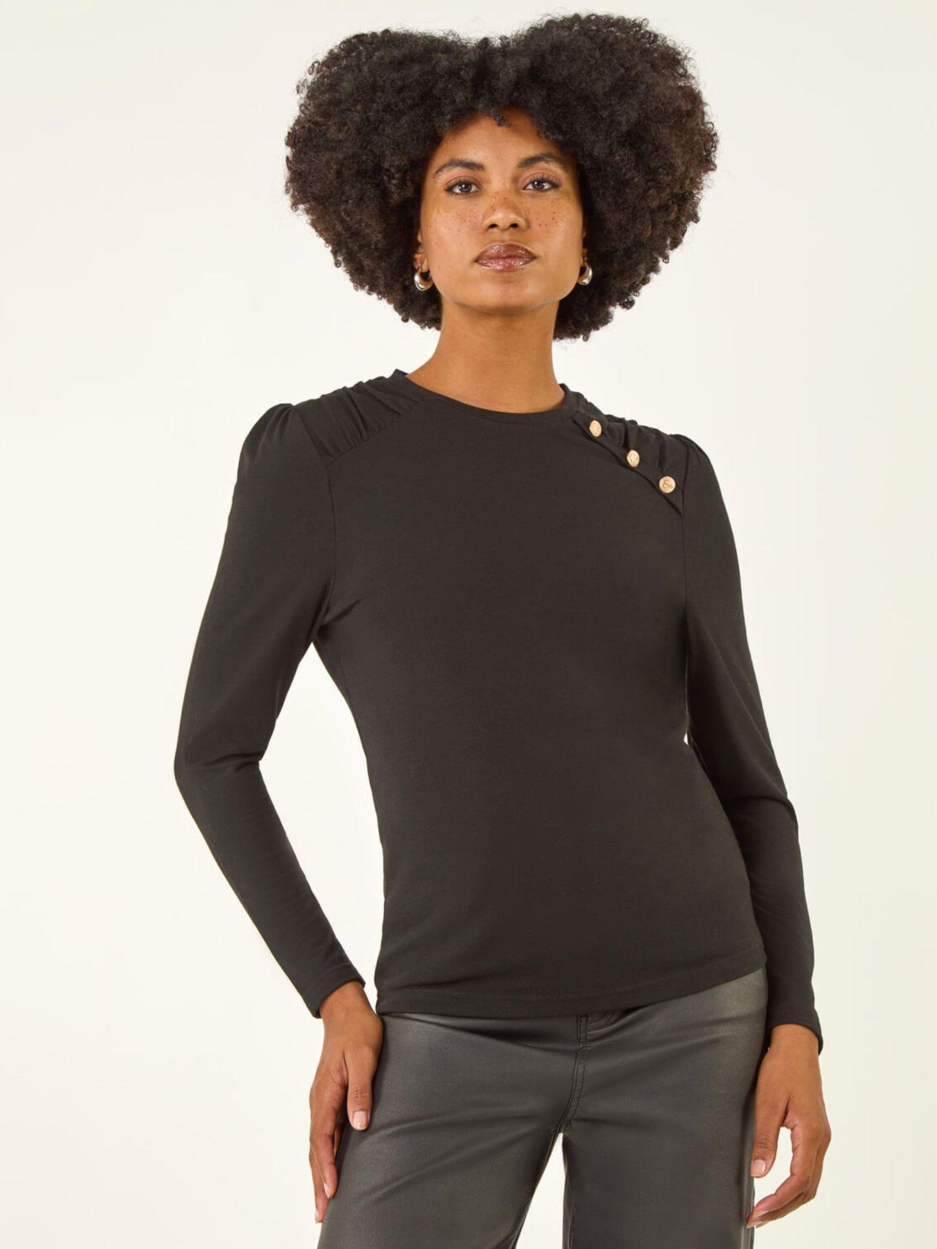 Roman Ruched Button Stretch Top - Black