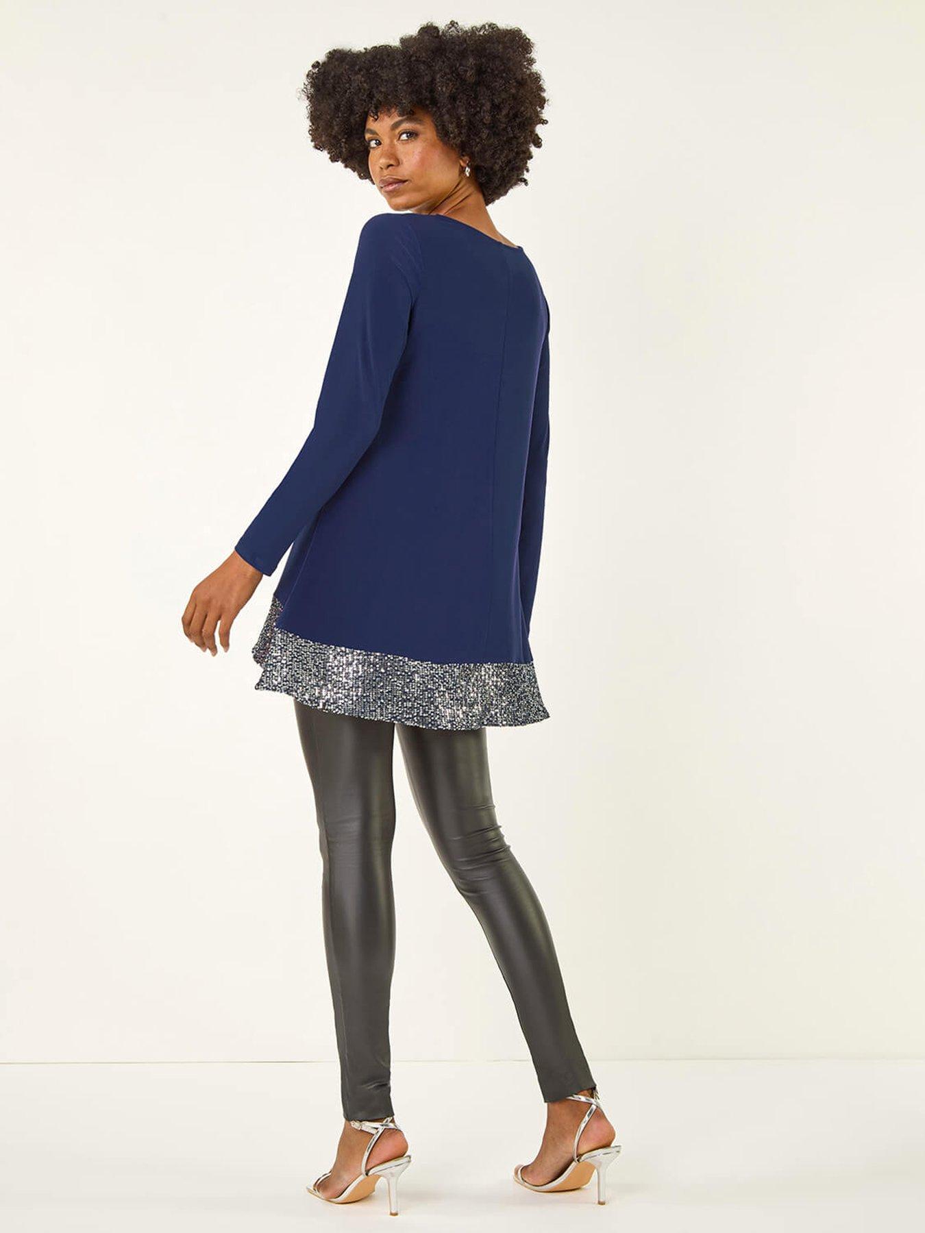 Roman Sequin Hem Tunic Stretch Top - Navy | Very