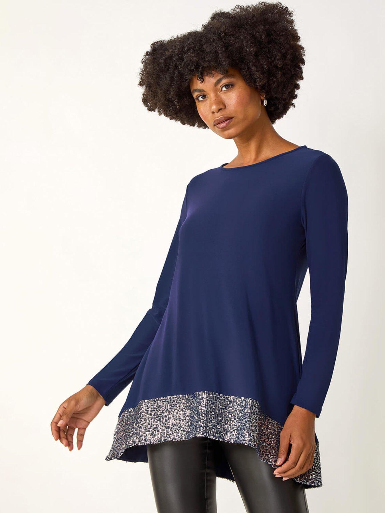 Roman Sequin Hem Tunic Stretch Top - Navy | Very