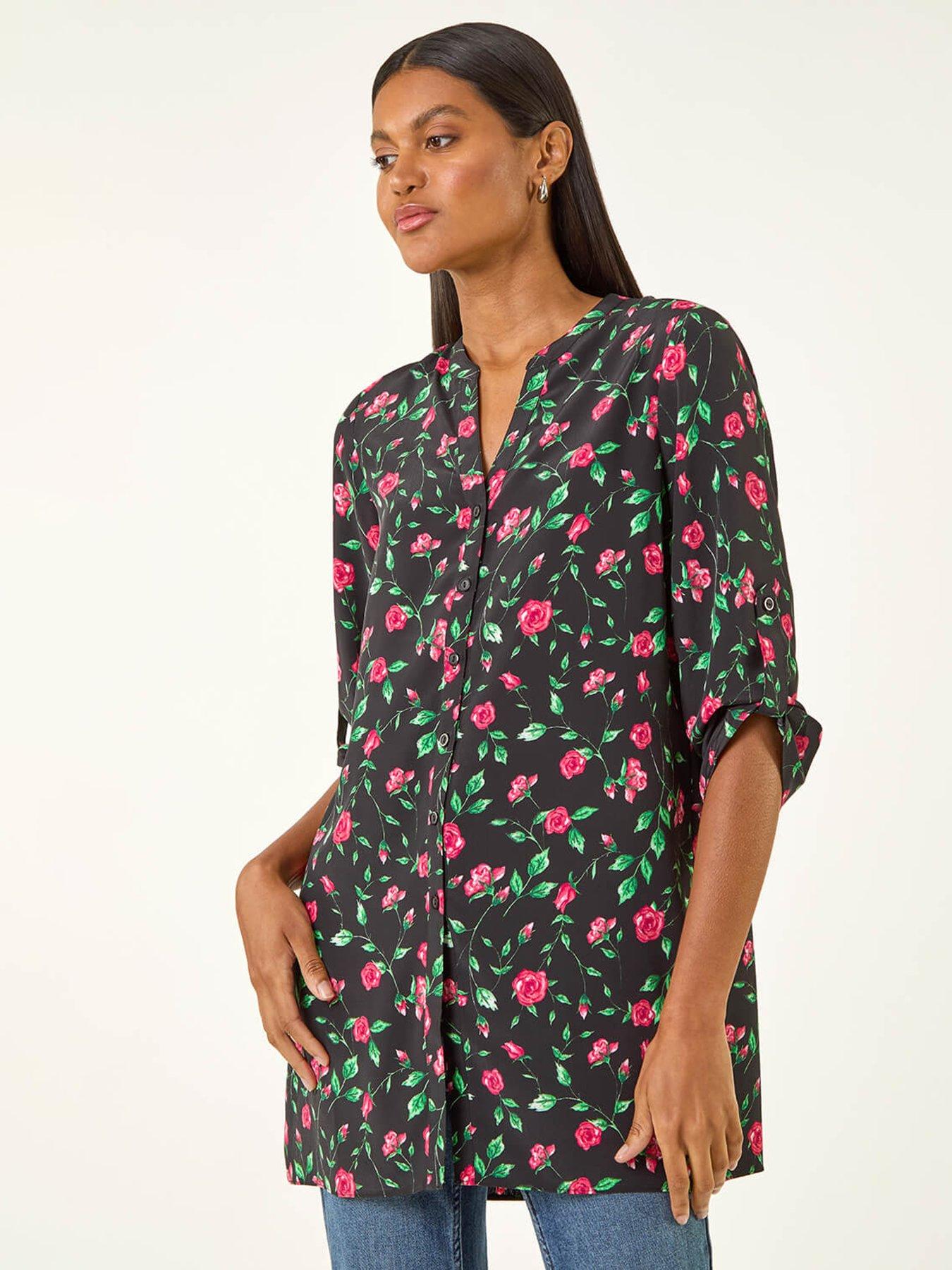 Roman Rose Print Longline Buttoned  Blouse - Red