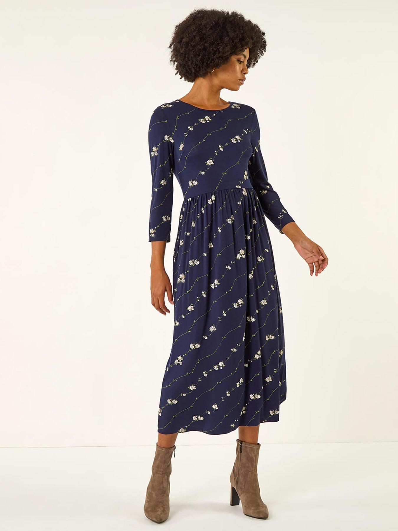 Roman Floral Gathered Waist Midi Dress - Navy