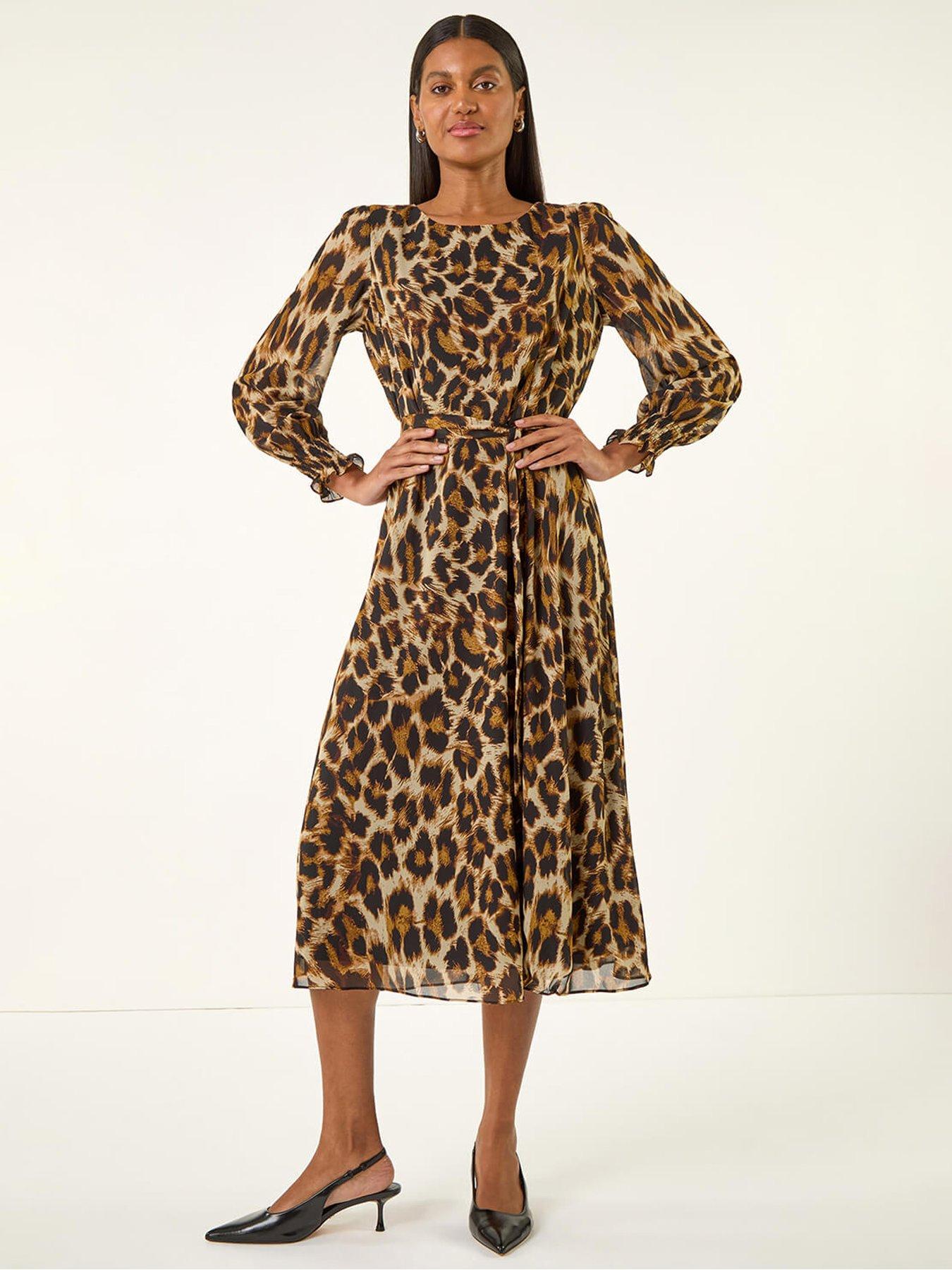 Roman Animal Print Shirred Midi Dress - Tan