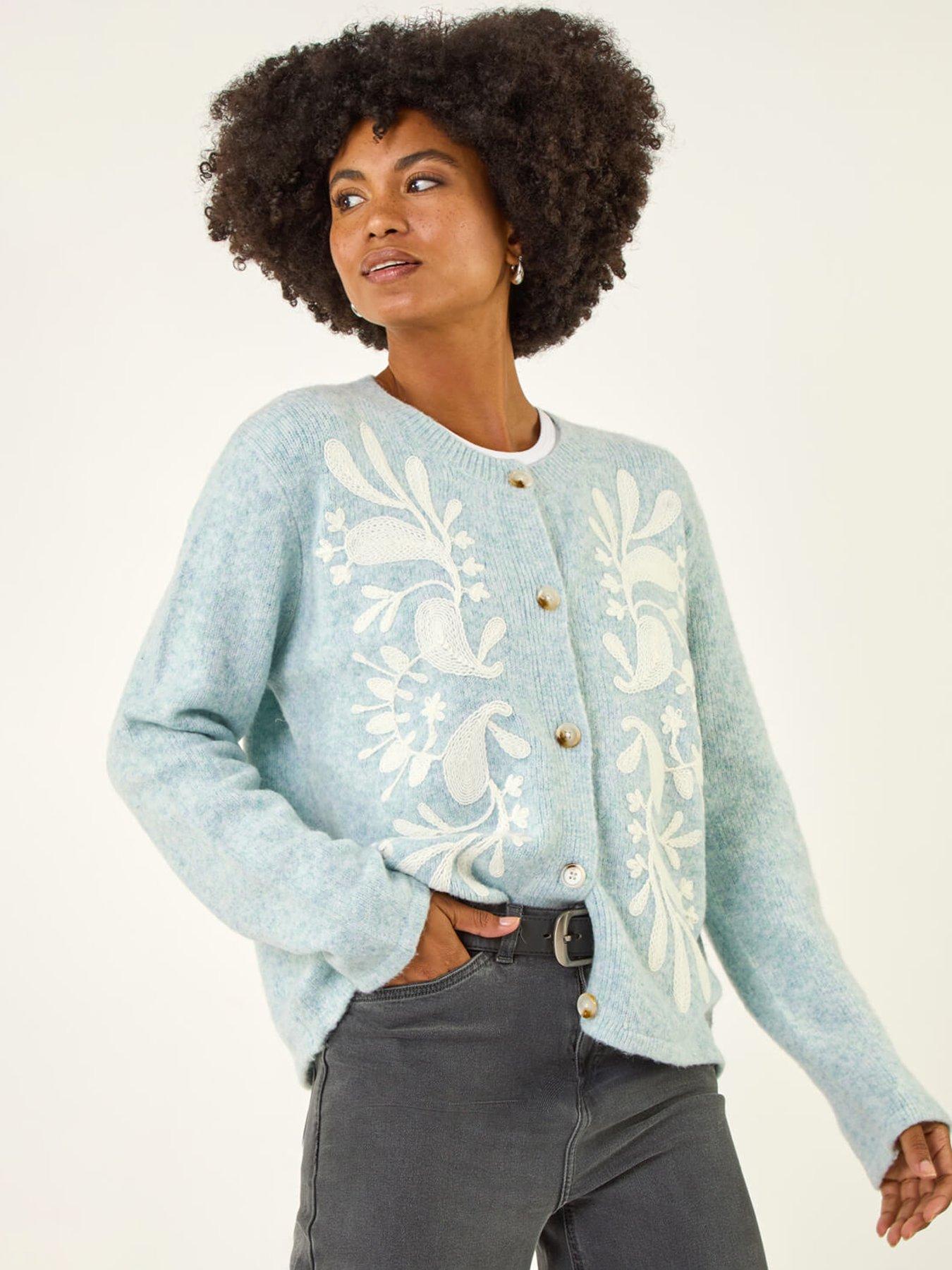 Roman Floral Buttoned Knit Cardigan - Blue
