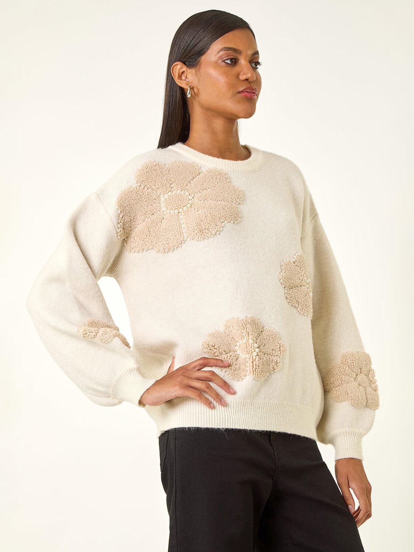 Roman Floral Beaded Knit Jumper - White
