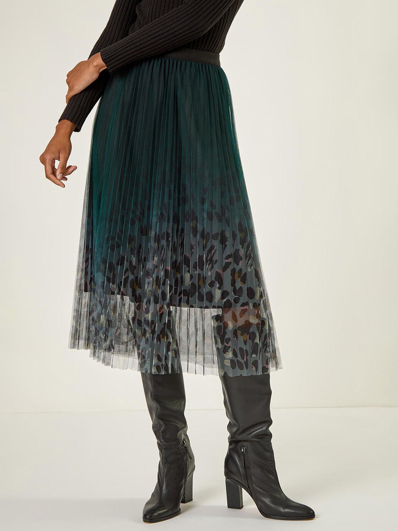 Roman Printed Pleat Mesh Skirt - Green