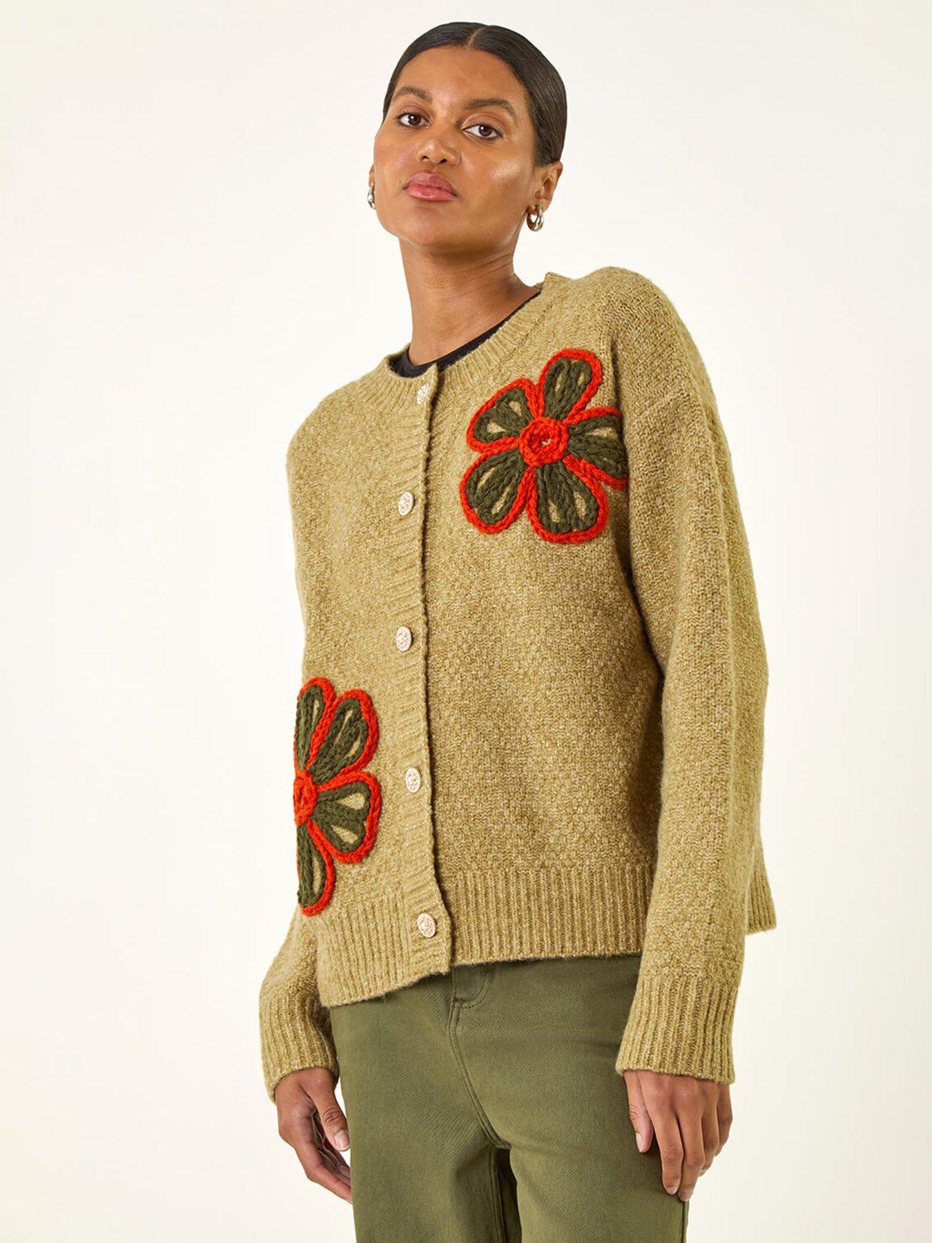 Roman Flower Embroidered Button Cardigan - Green