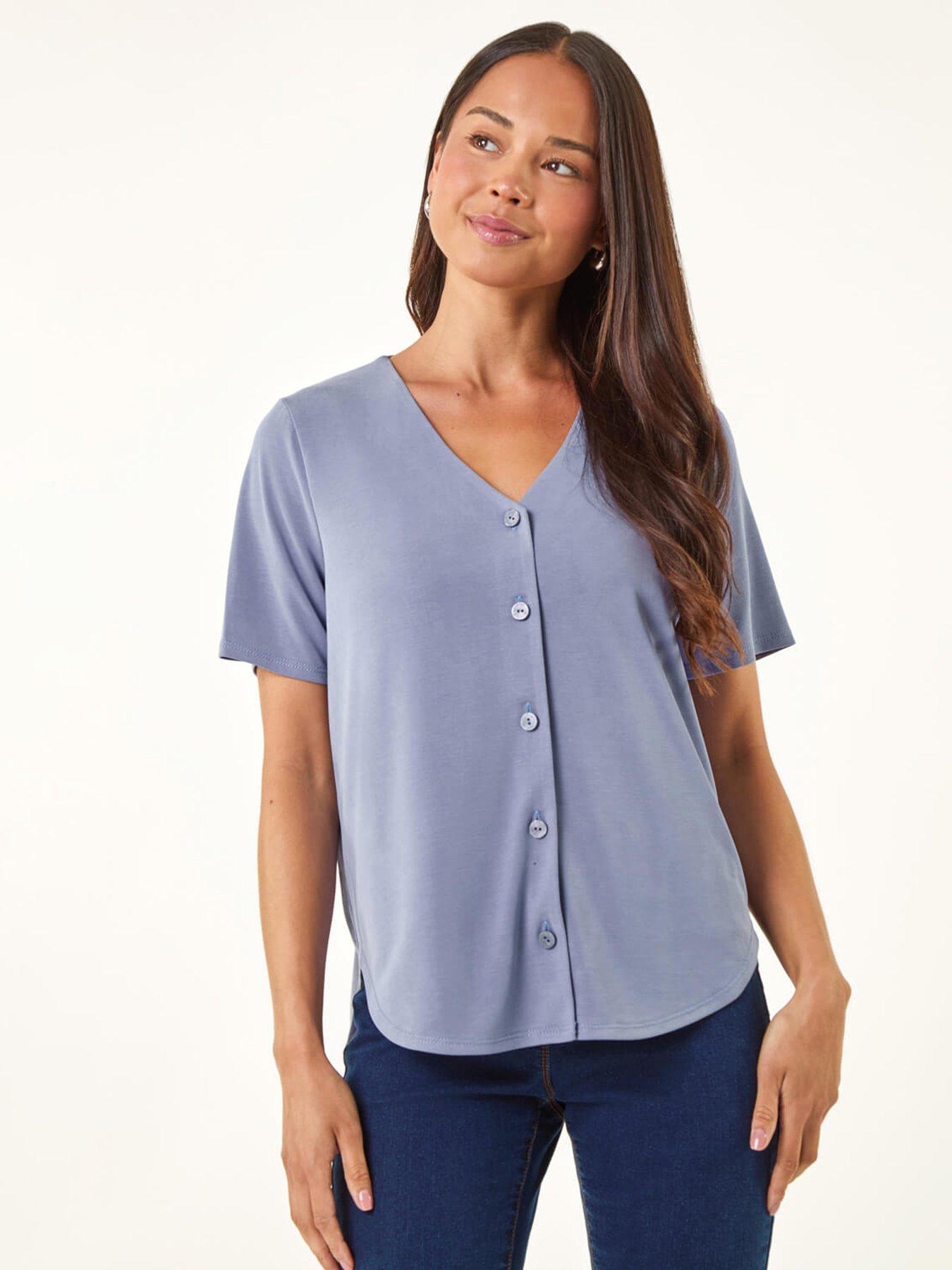 Image 1 of 5 of Roman Petite V-Neck Buttoned Blouse - Blue