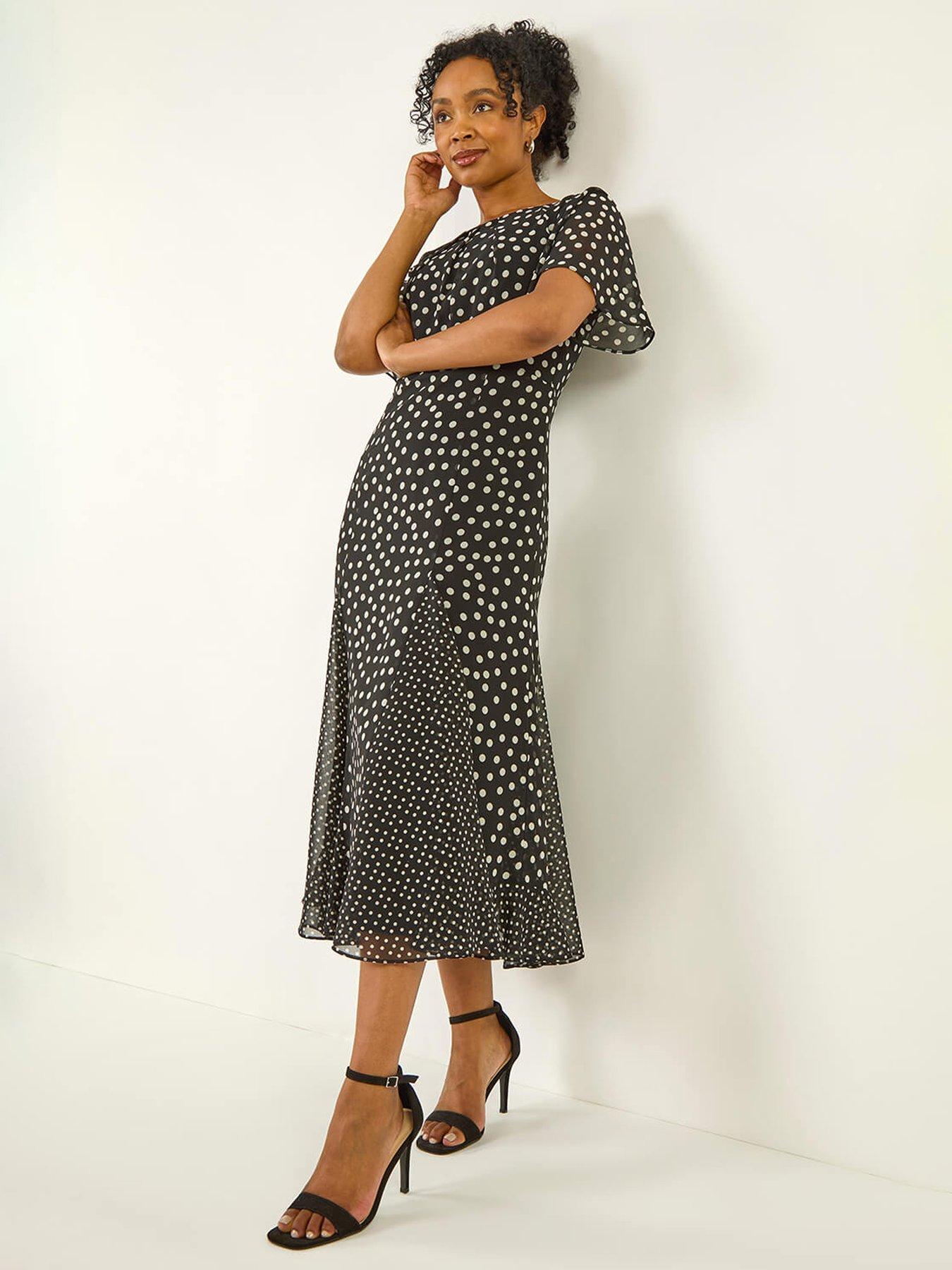Roman Petite Spot Print Godet Hem Midi Dress - Black