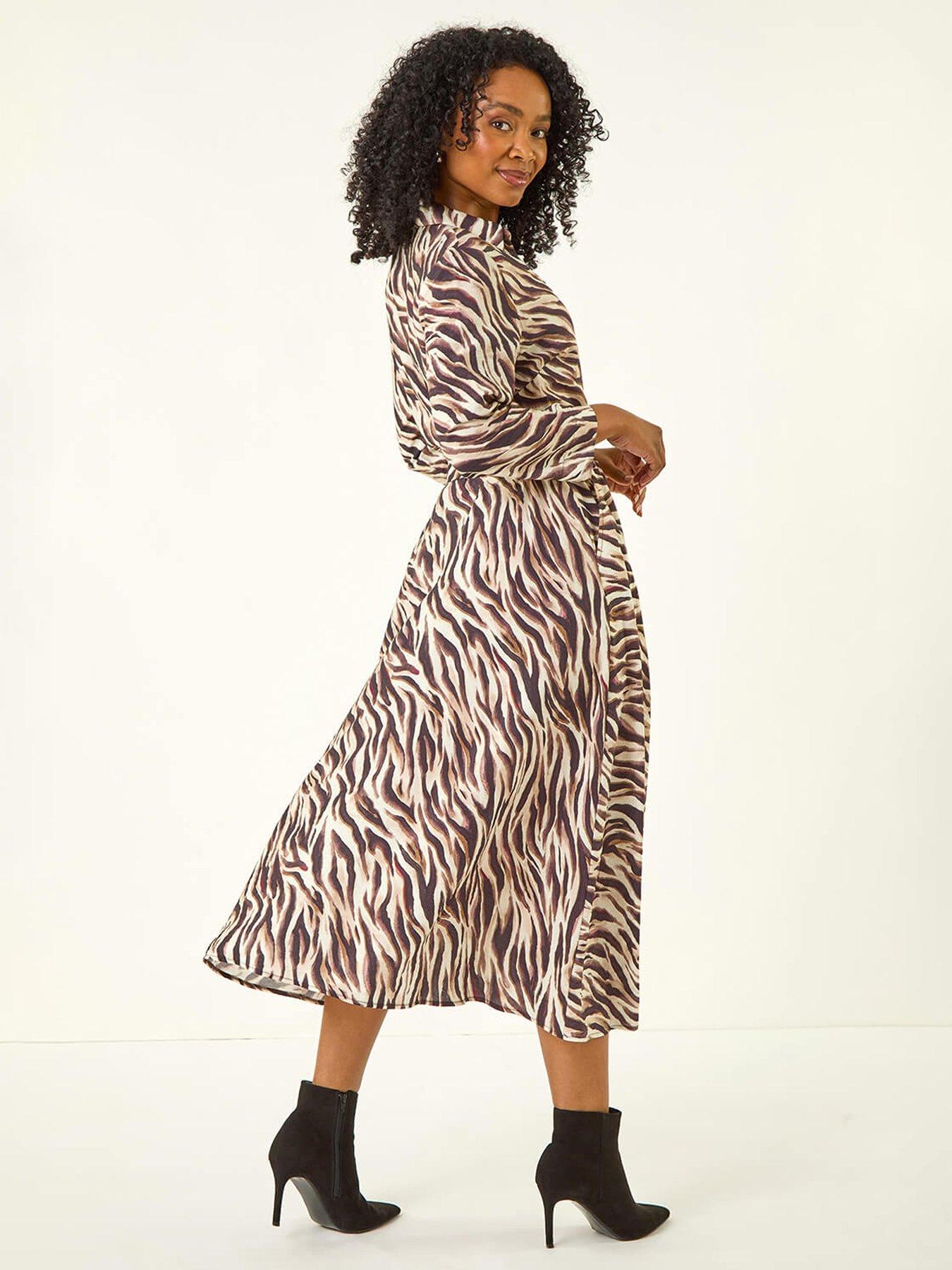 princess polly baby blue dress Ro&zo Zebra-Print Puff-Sleeve Woven Midi Dress in Brown main image 0