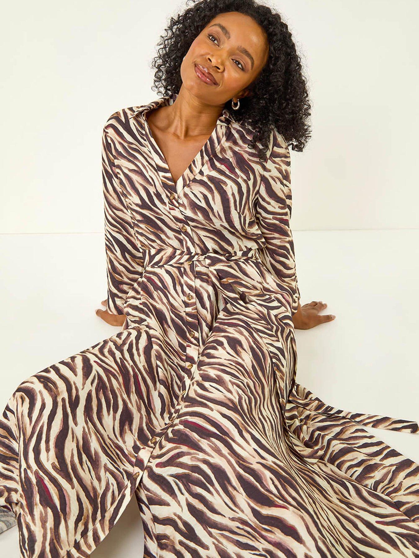 animal print midi shirt dress Brown Animal Print Tie Waist Midi Shirt Dress  AX Paris