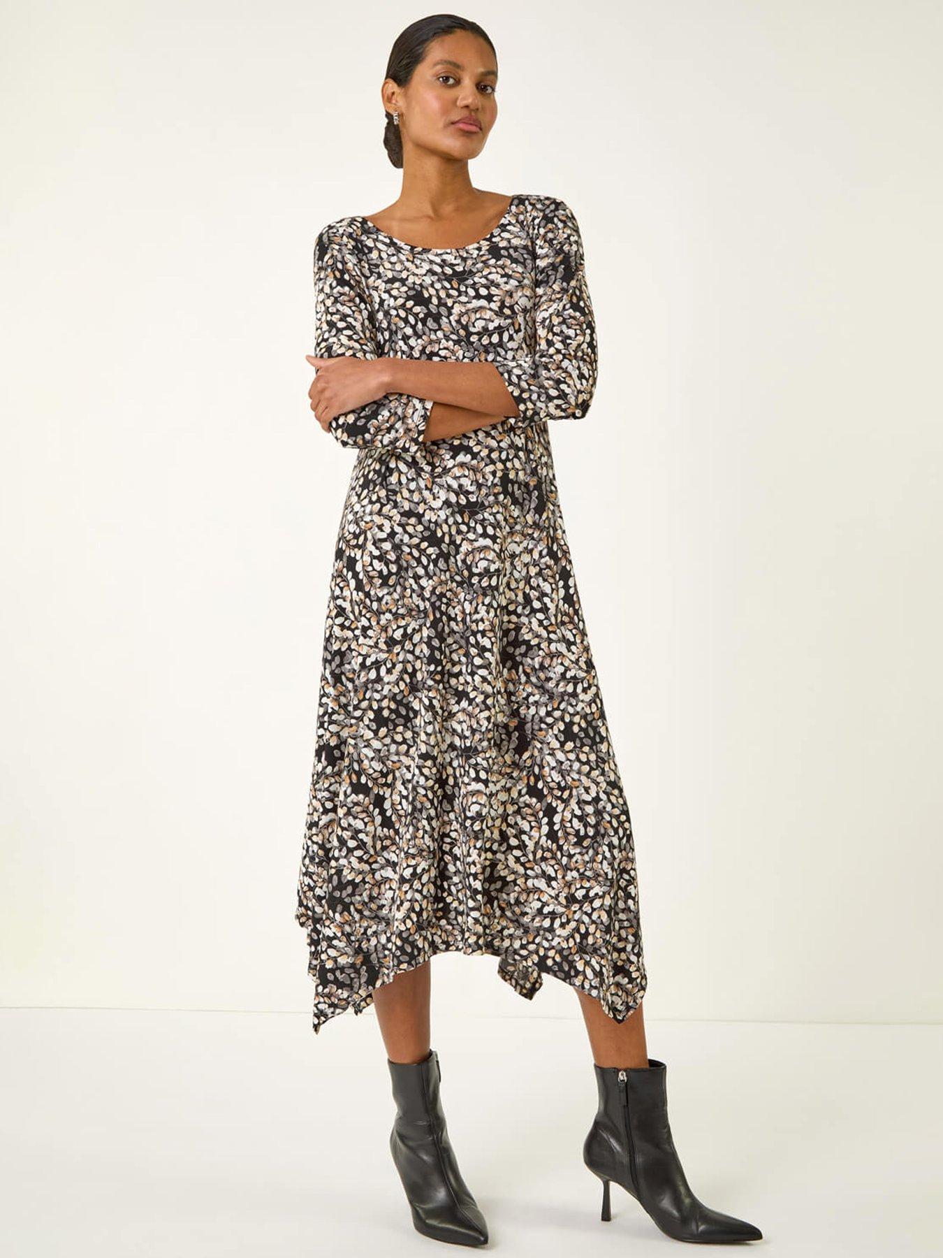 Roman Printed Hanky Hem Stretch Midi Dress - Beige