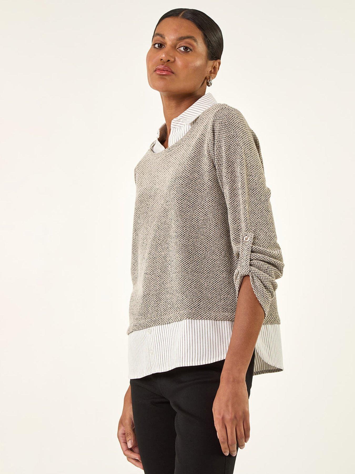 Roman Textured Snit Mock Shirt - Beige