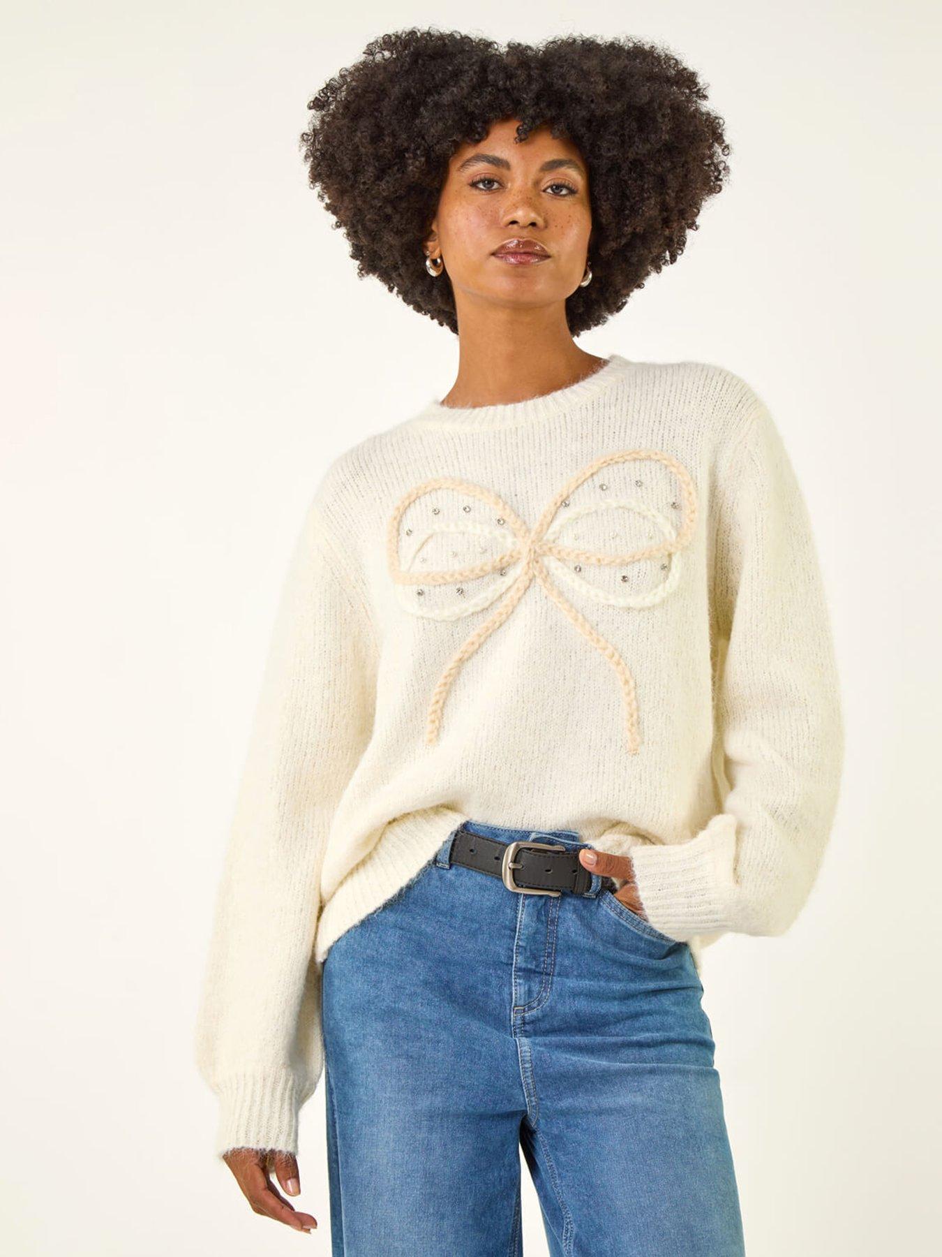 Roman Faux Pearl Bow Knit Crew Jumper - White