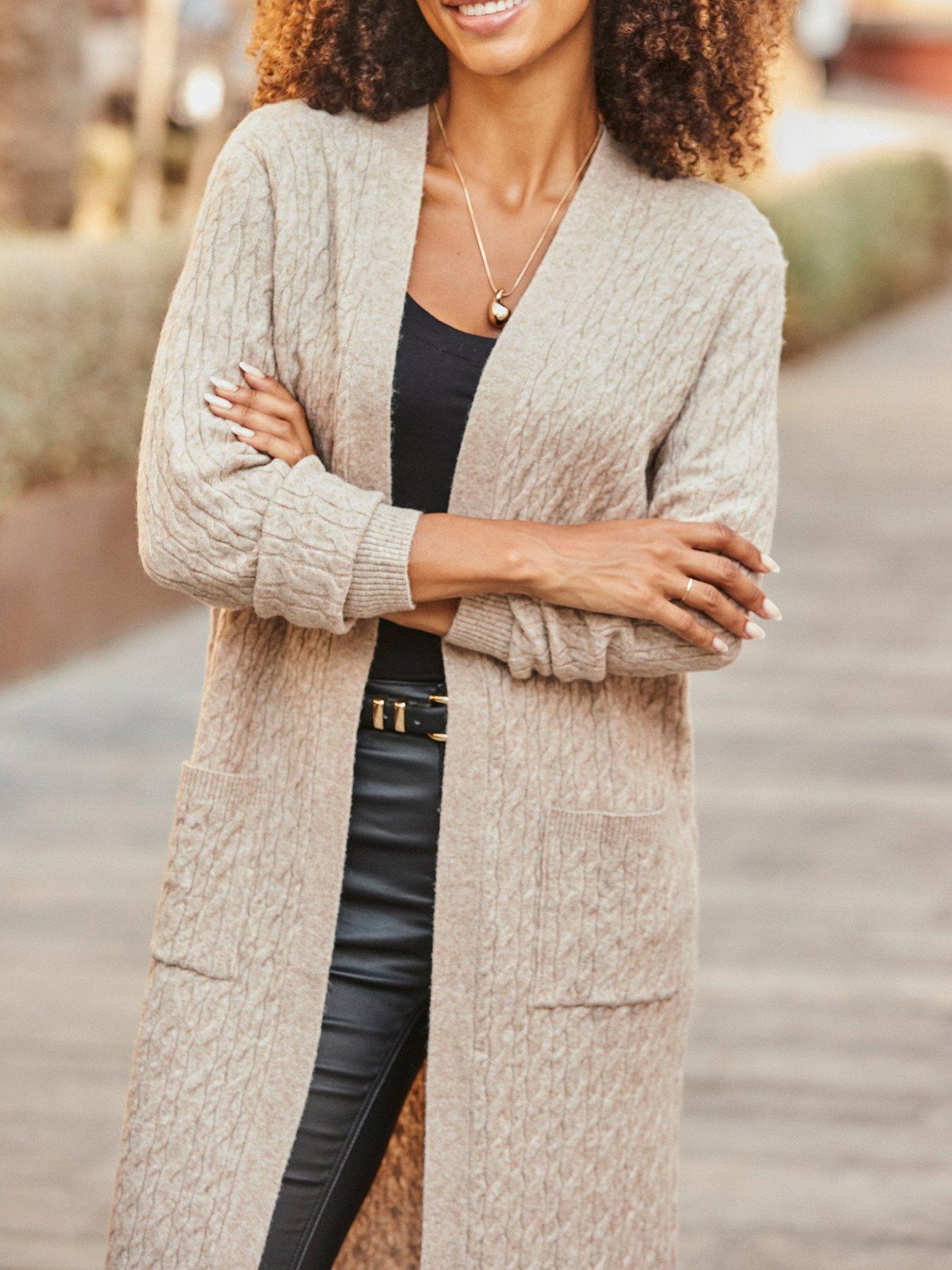 Sosandar Camel Super Cosy Cable Knit Longline Cardigan Beige Very
