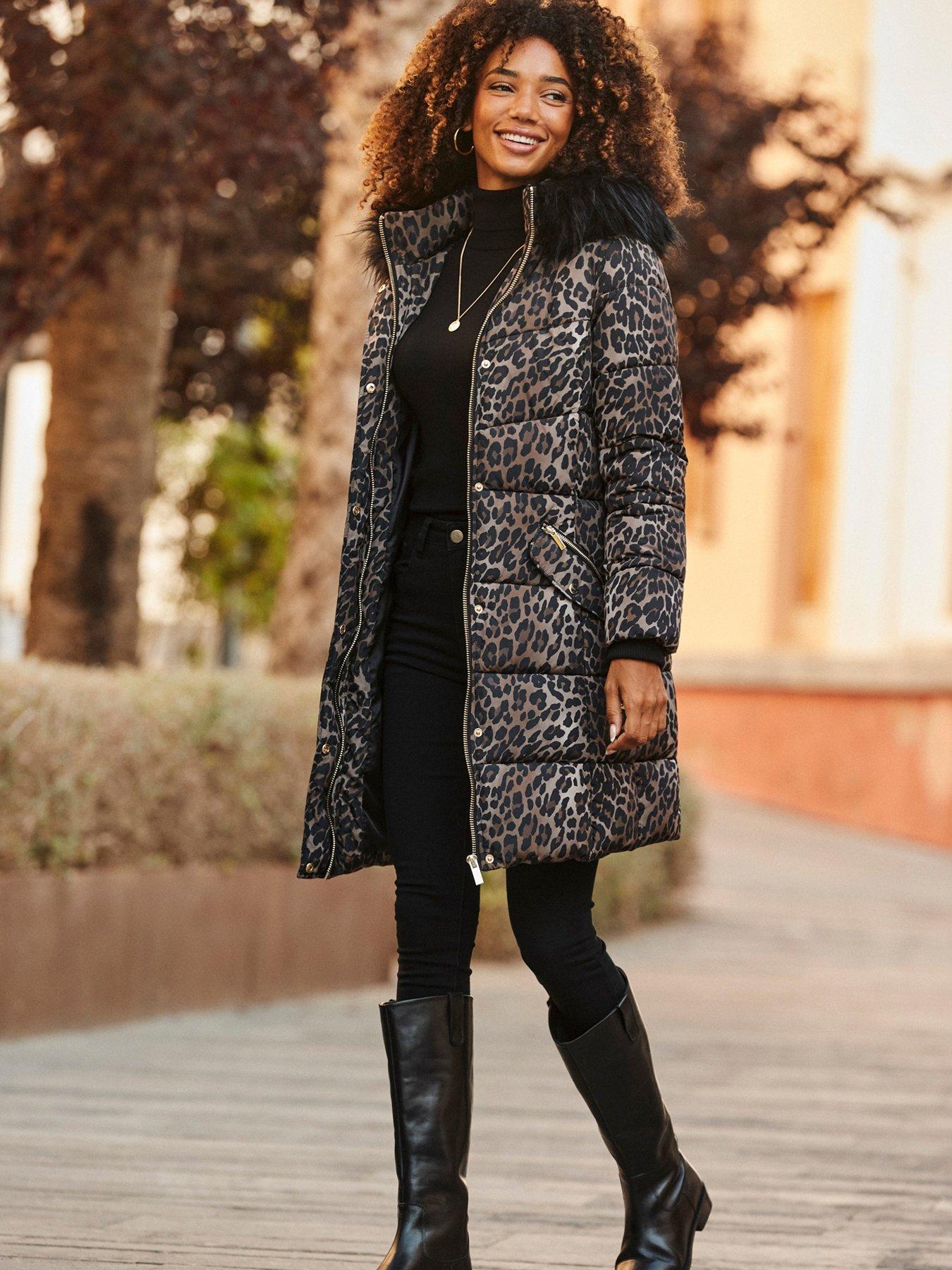 undefined Leopard Print Faux Fur Trim Padded Coat - Brown