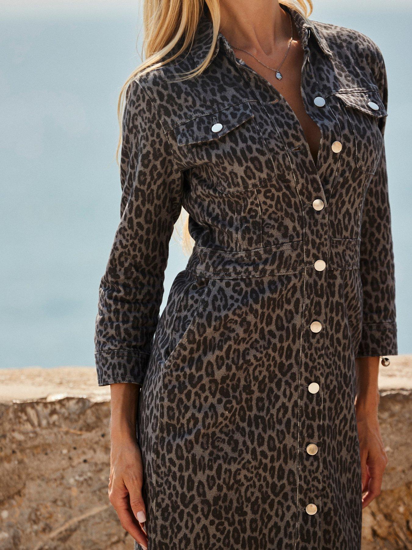 Sosandar Leopard Print Denim Shirt Dress With Pockets - Grey | Very