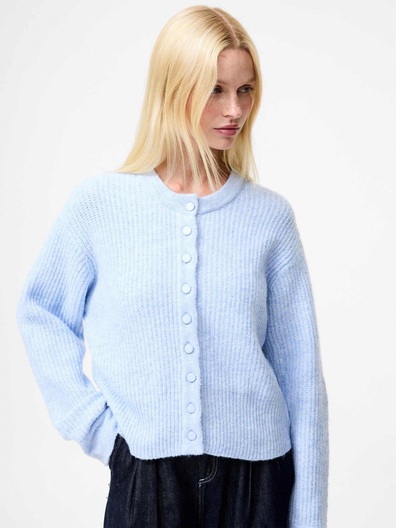 French Connection Ribbed Knit Long Sleeve Button-Up Cardigan - Blue
