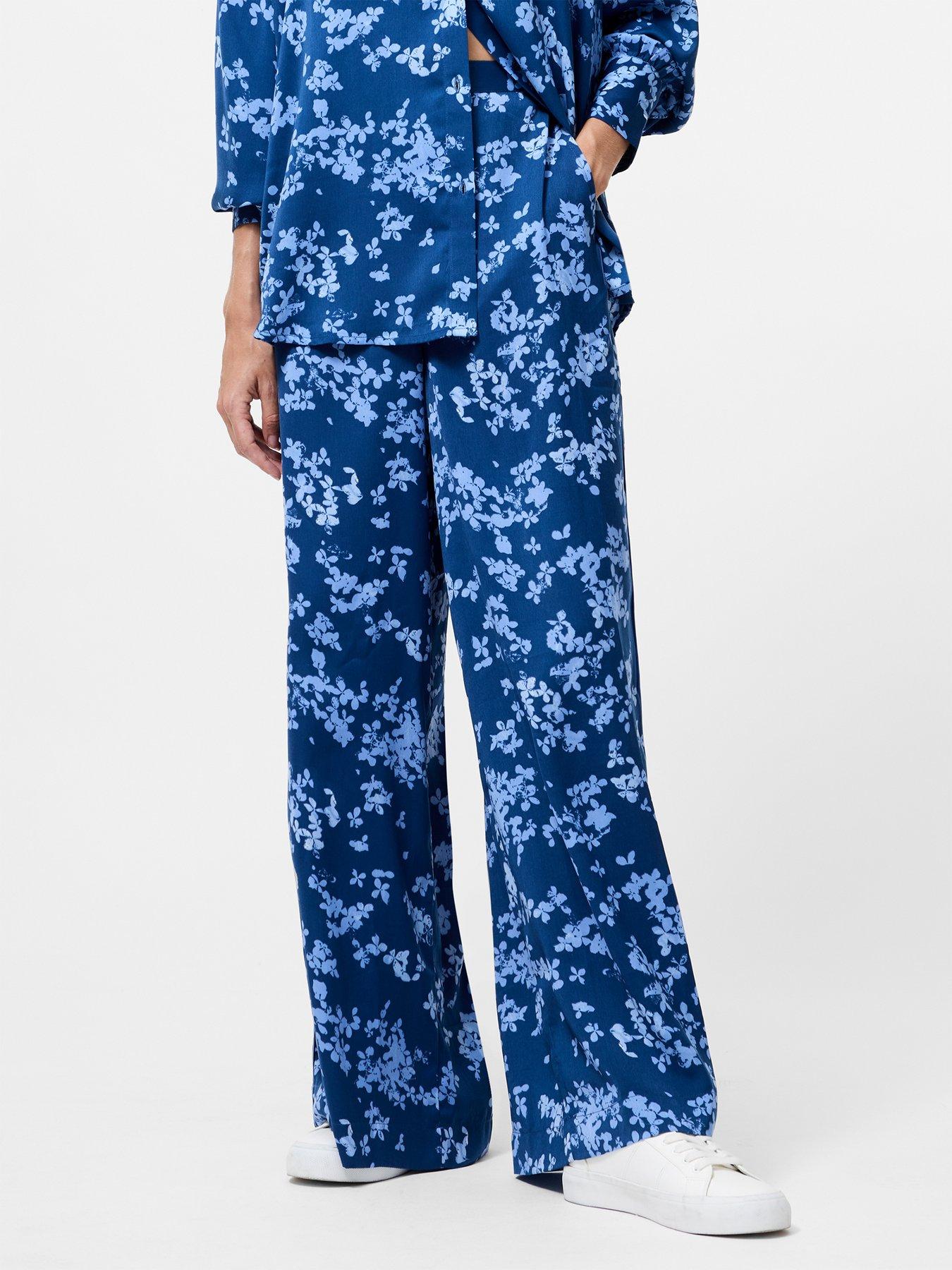 undefined Floral Print High Waist Straight Leg Floaty Trousers - Blue