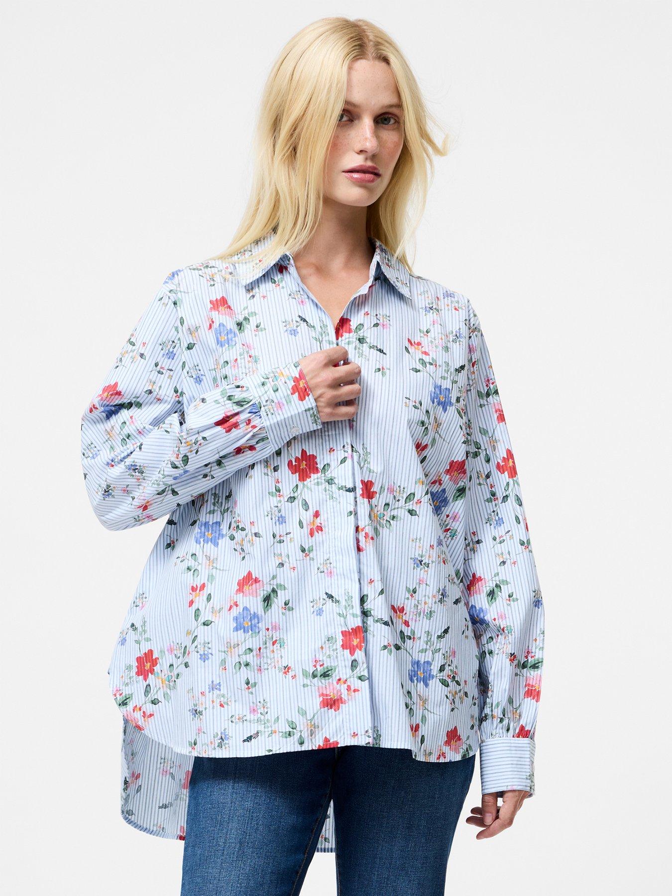 French Connection Cotton Floral Printed Stripe Long Sleeve Button-Up Shirt - Multi