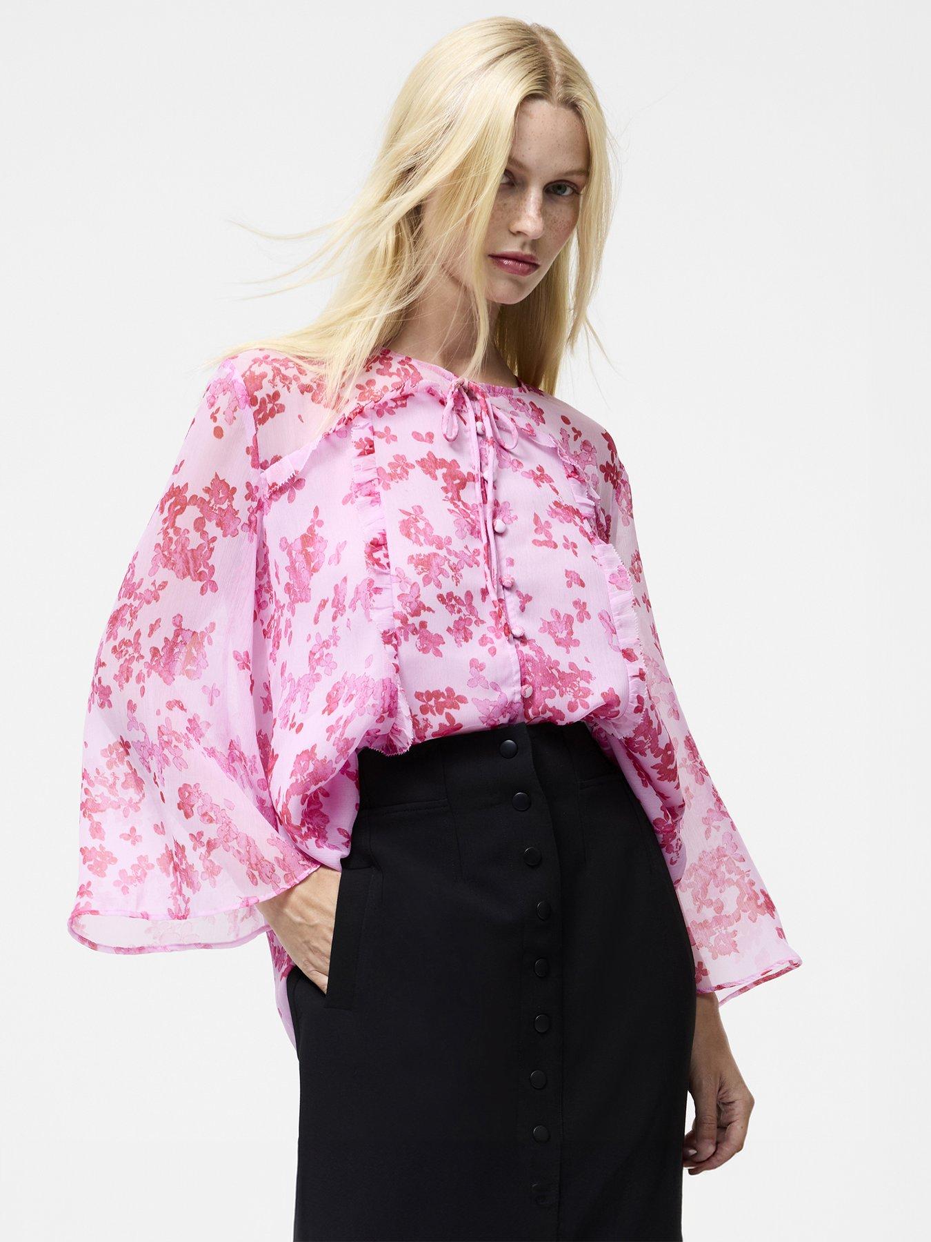 French Connection Floral Tie Neck Button-Up Long Sleeve Blouse - Multi