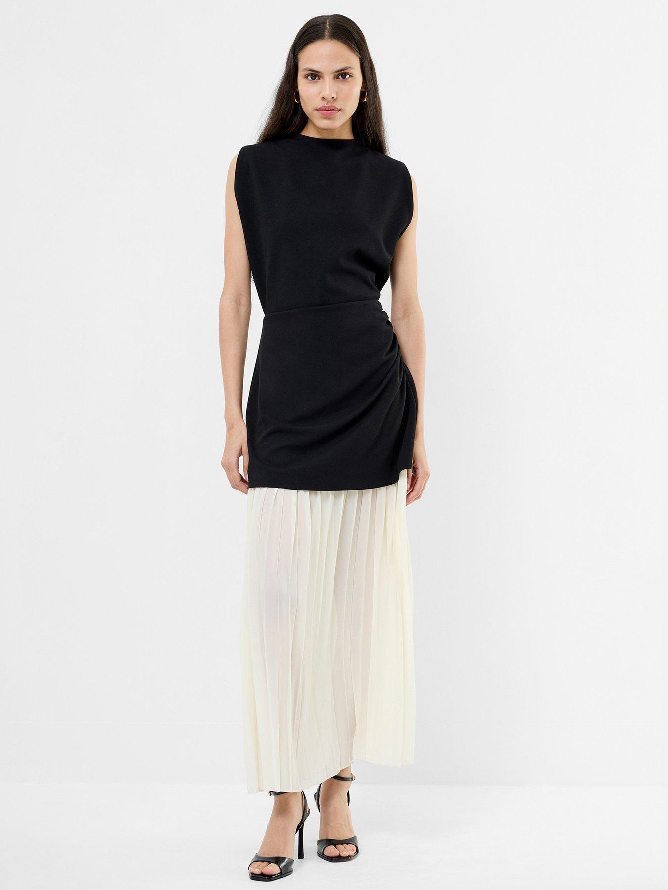 French Connection High Neck Capped Sleeves Pleated Skirt Midi Dress - Multi