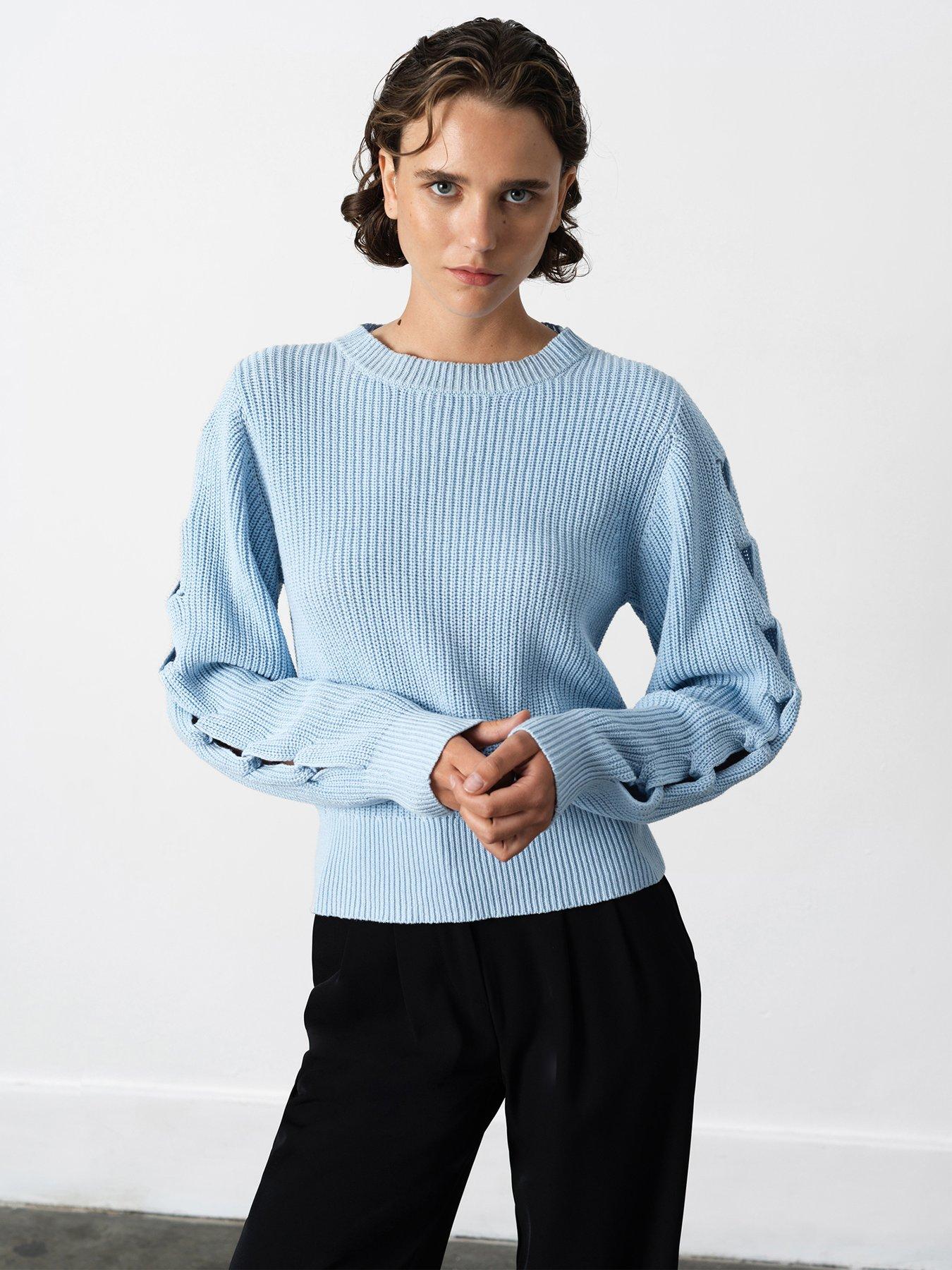 French Connection Cotton Blend Braid Sleeve Relaxed Knit Jumper - Blue