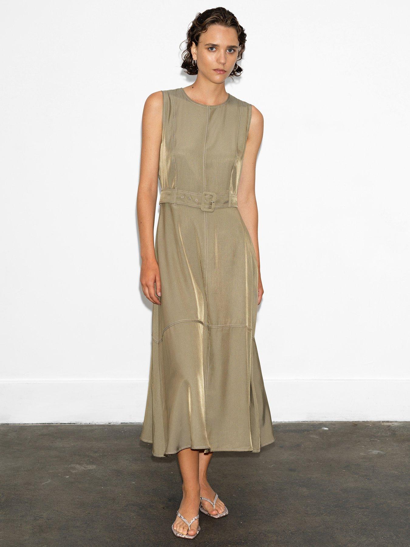 French Connection Sleeveless Round Neck Buckle Cargo-Style Midi Dress - Green
