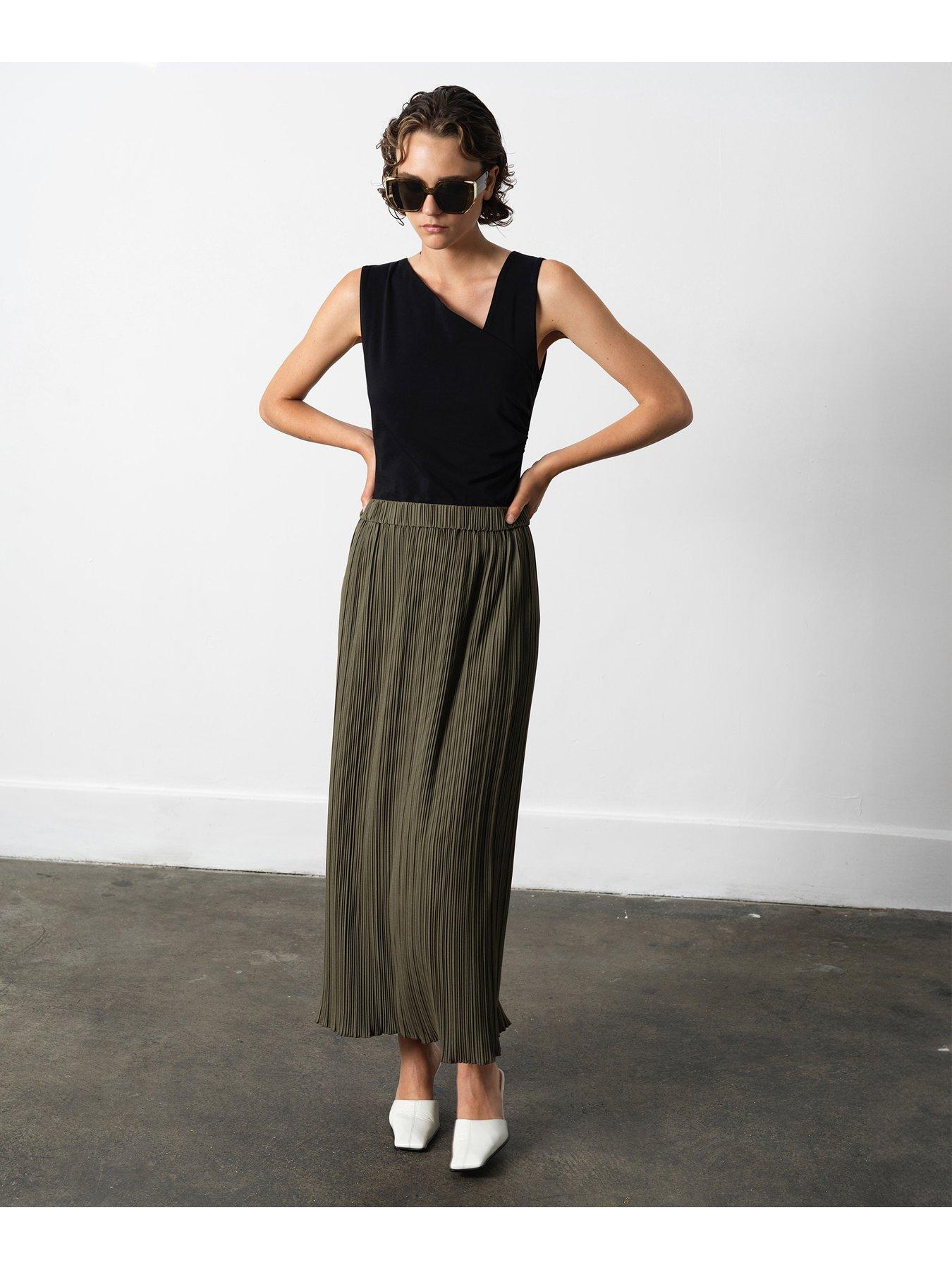 French Connection Plisse Pleated Elasticated Midi Skirt - Green