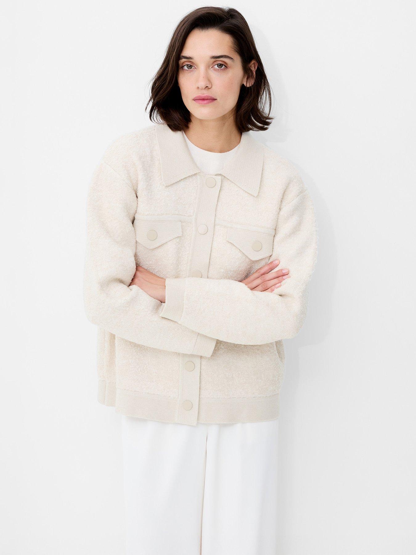 French Connection Boucle Long Sleeve Shirt-Style Knit Jacket - Cream
