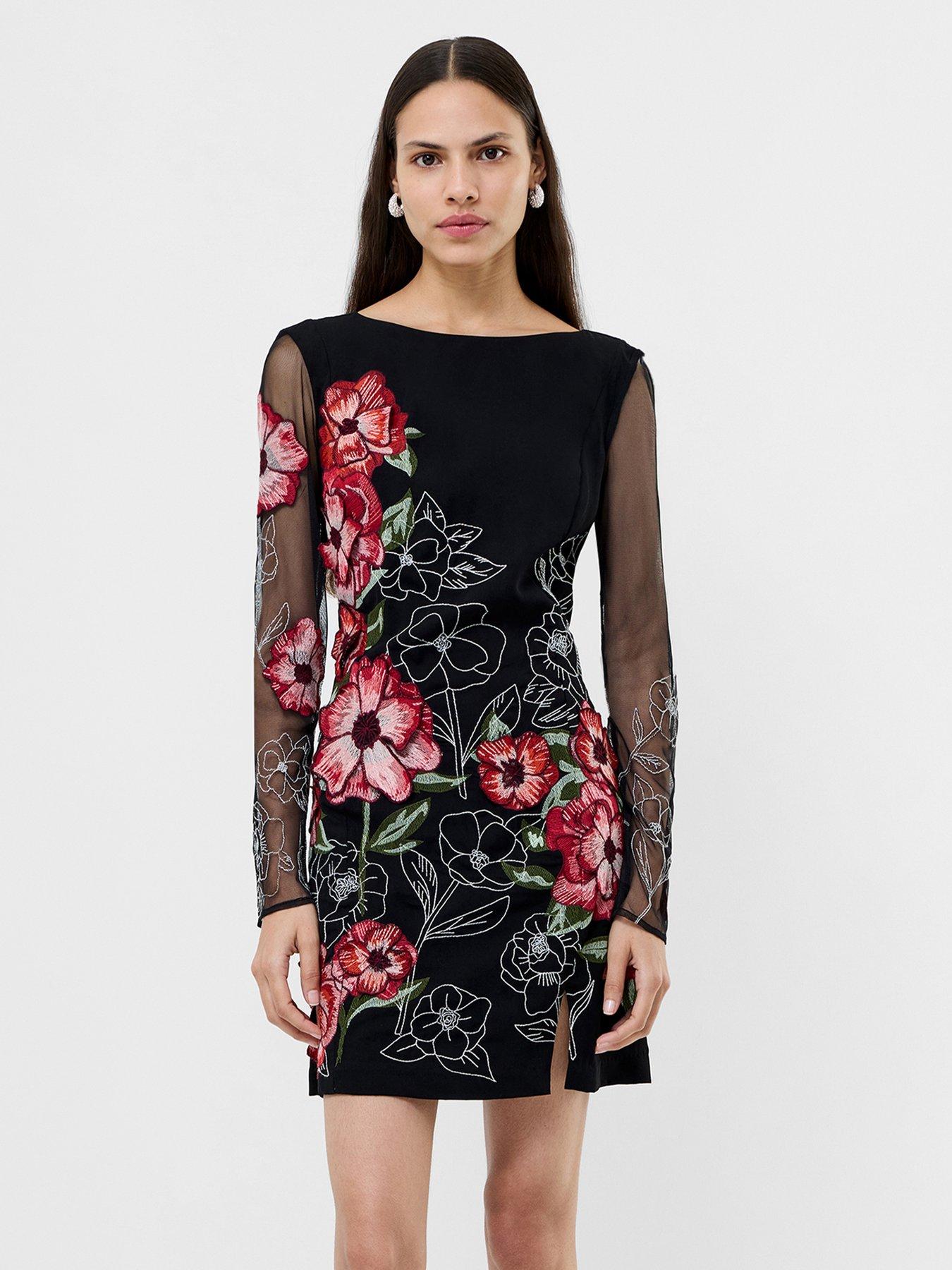 French Connection Floral Embroidered Mesh Long Sleeve Scoop Back Mini Dress  - Multi | Very