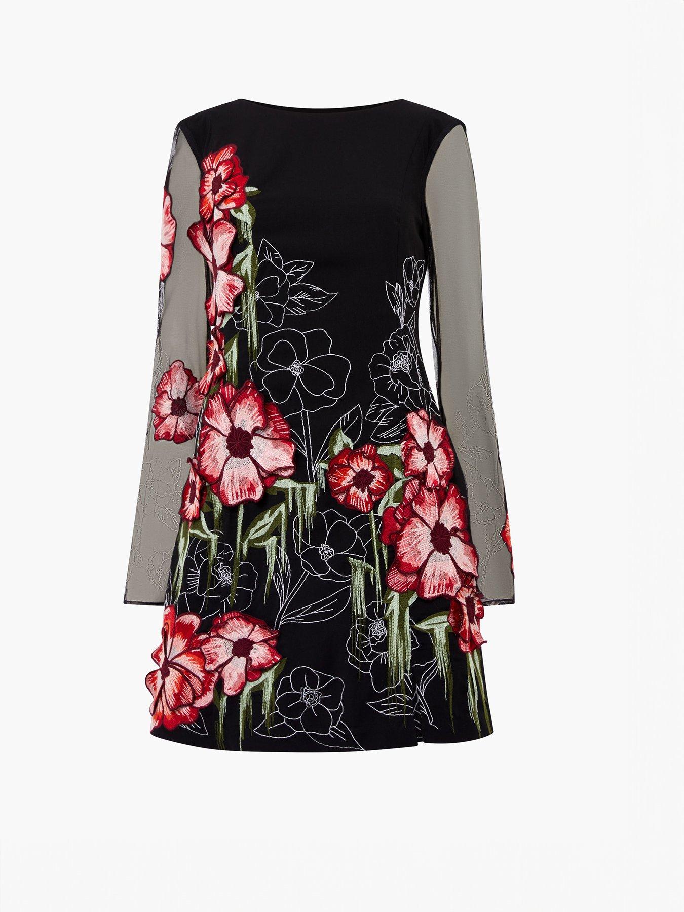 French Connection Floral Embroidered Mesh Long Sleeve Scoop Back Mini Dress  - Multi | Very