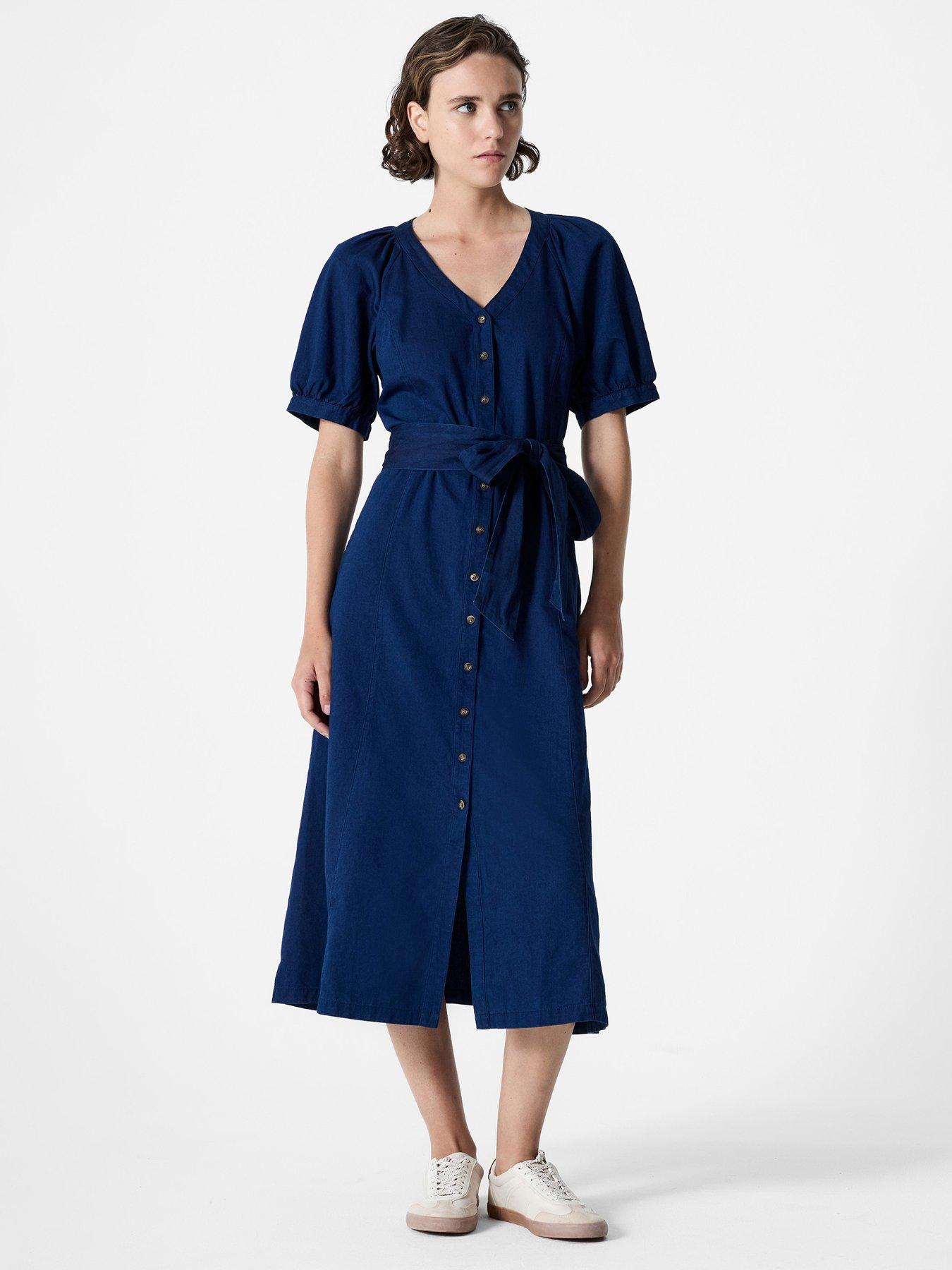 undefined Cotton Puff Sleeve Button-Down Maxi Dress - Blue