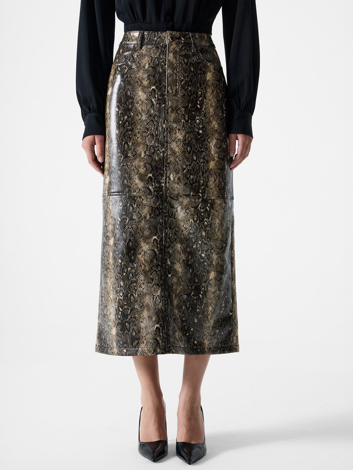 French Connection High Waisted High-Shine Snakeskin Midi Pencil Skirt - Multi
