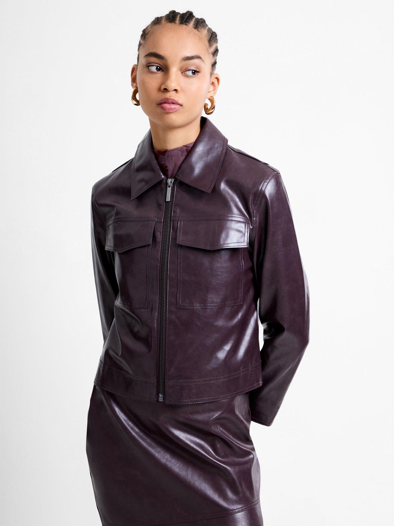French Connection Faux Leather Cropped Zip Through Collared Jacket
