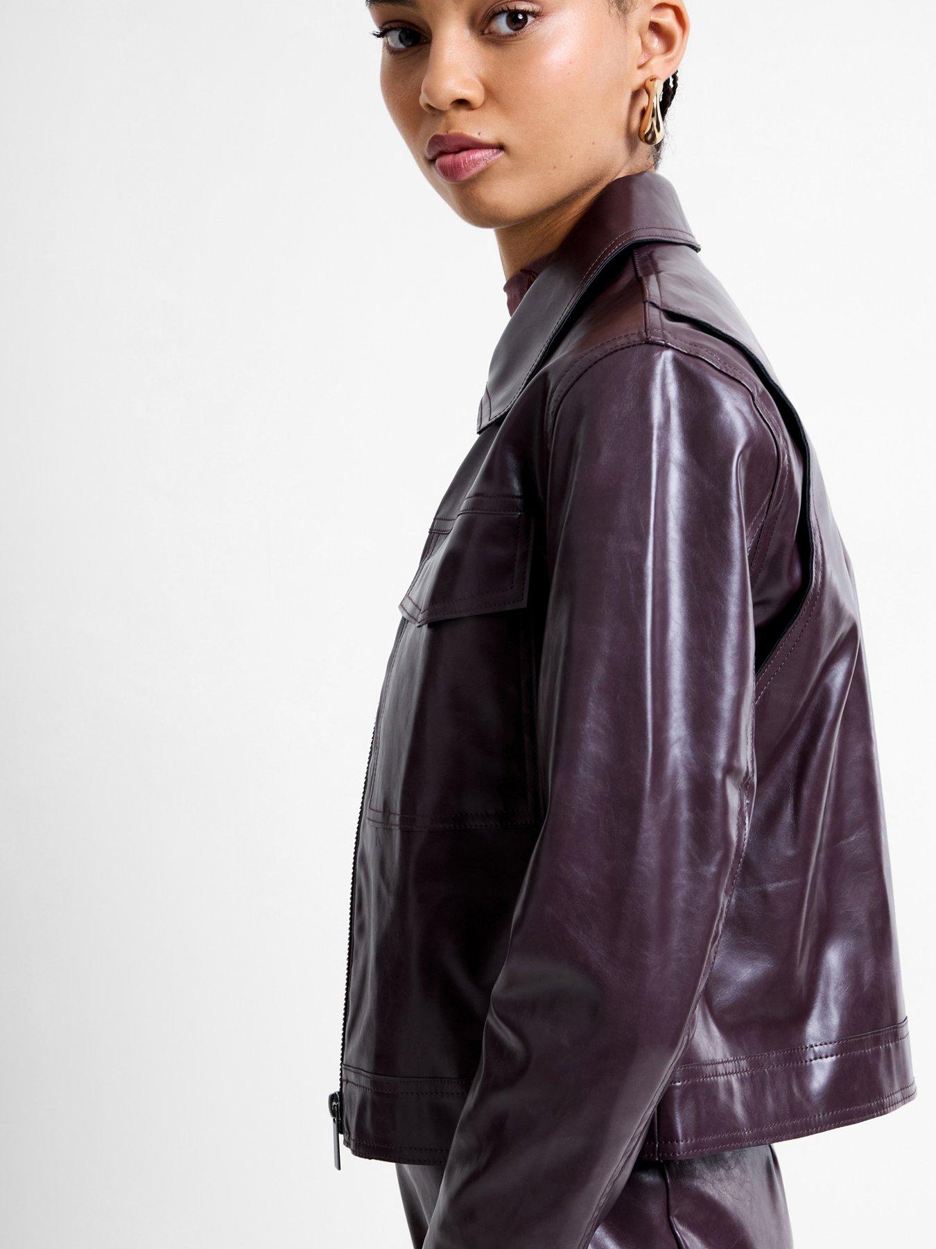 French Connection Faux Leather Cropped Zip Through Collared Jacket