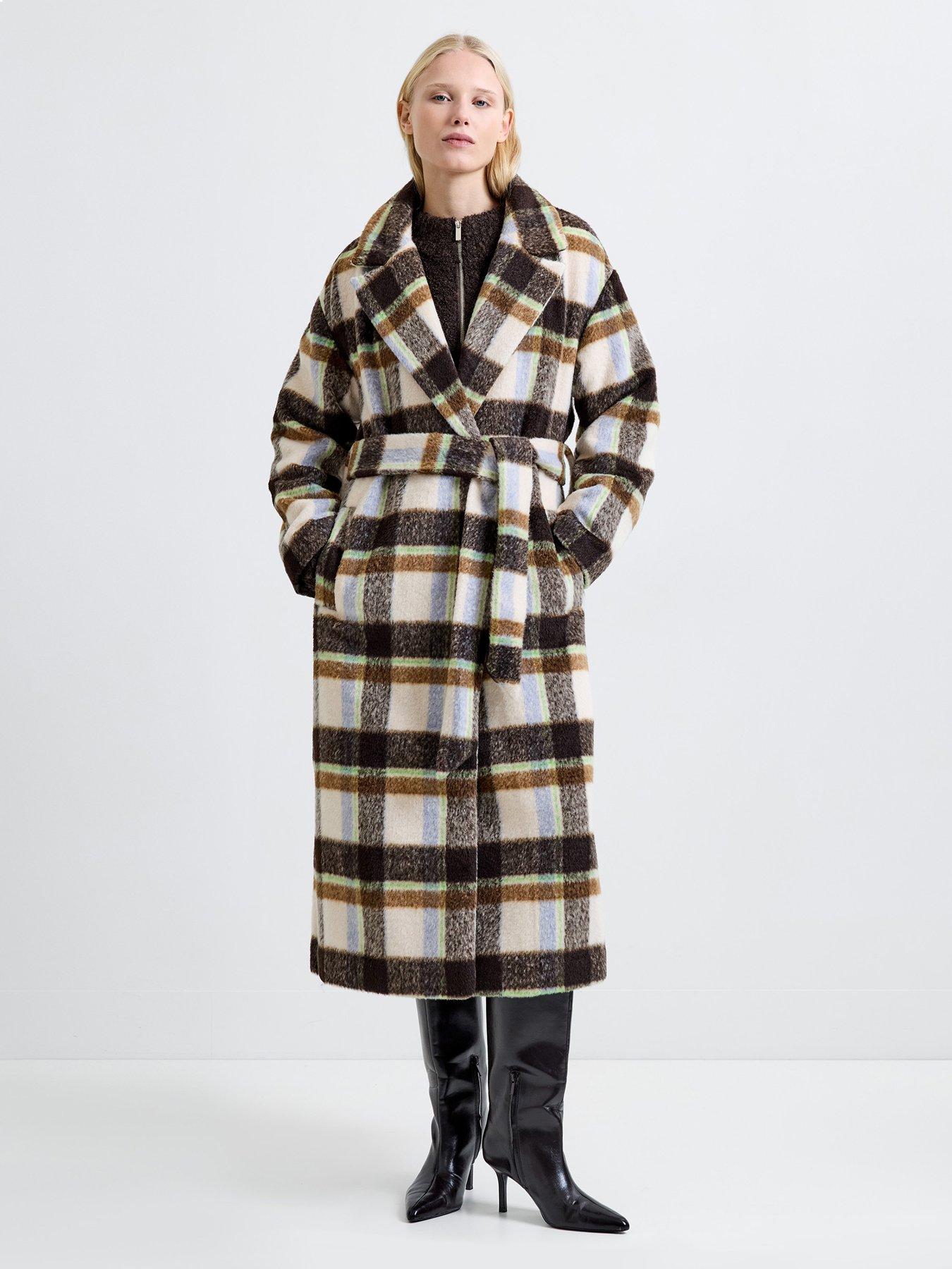 French Connection Check Belted Longline Coat - Brown