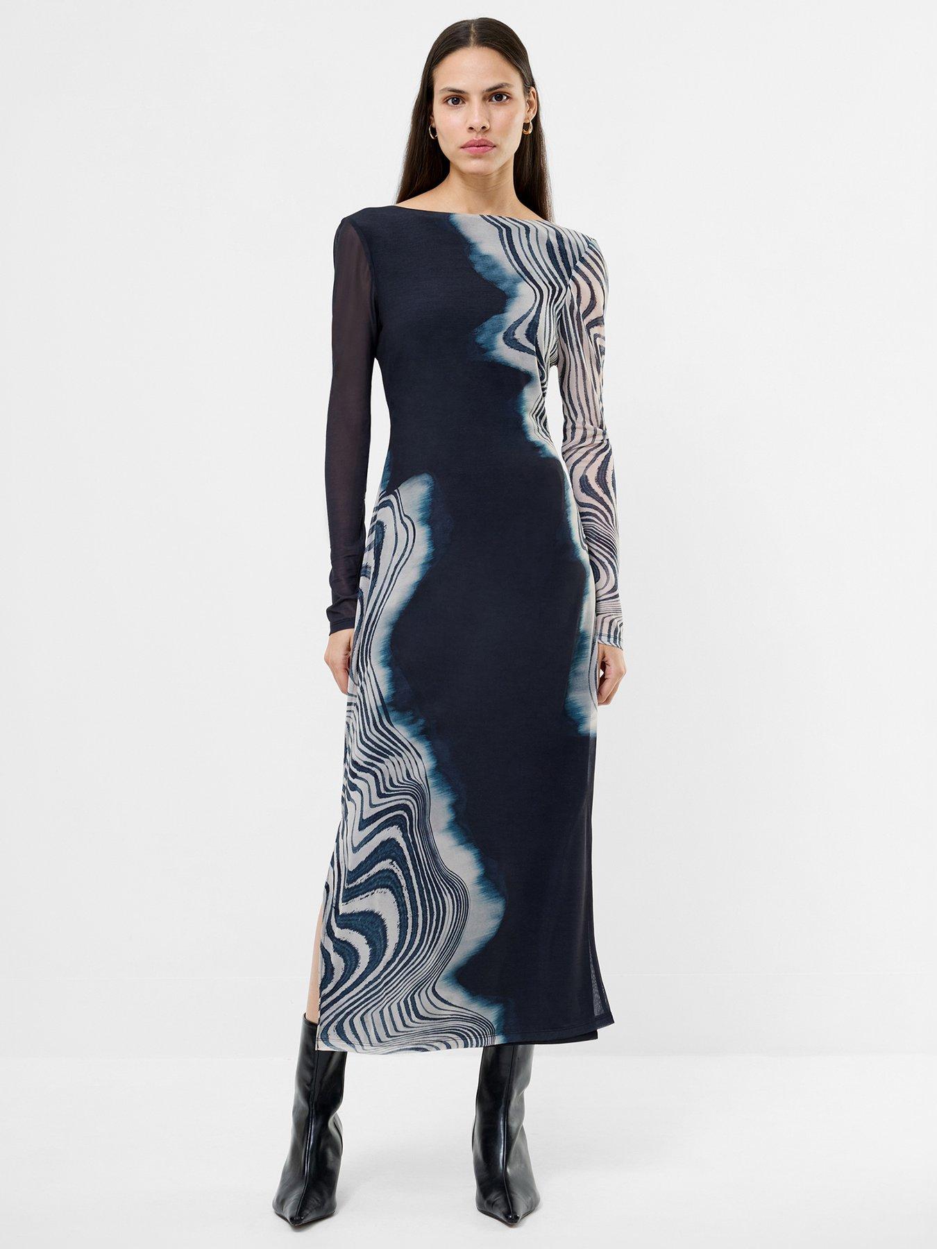 undefined Marble Print Mesh Long Sleeve Side Slit Midi Dress - Multi
