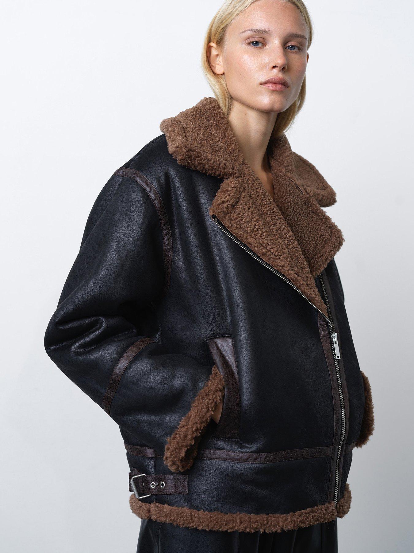 French Connection Aviator Style Zip Jacket With Faux Shearling Lining - Black/Brown