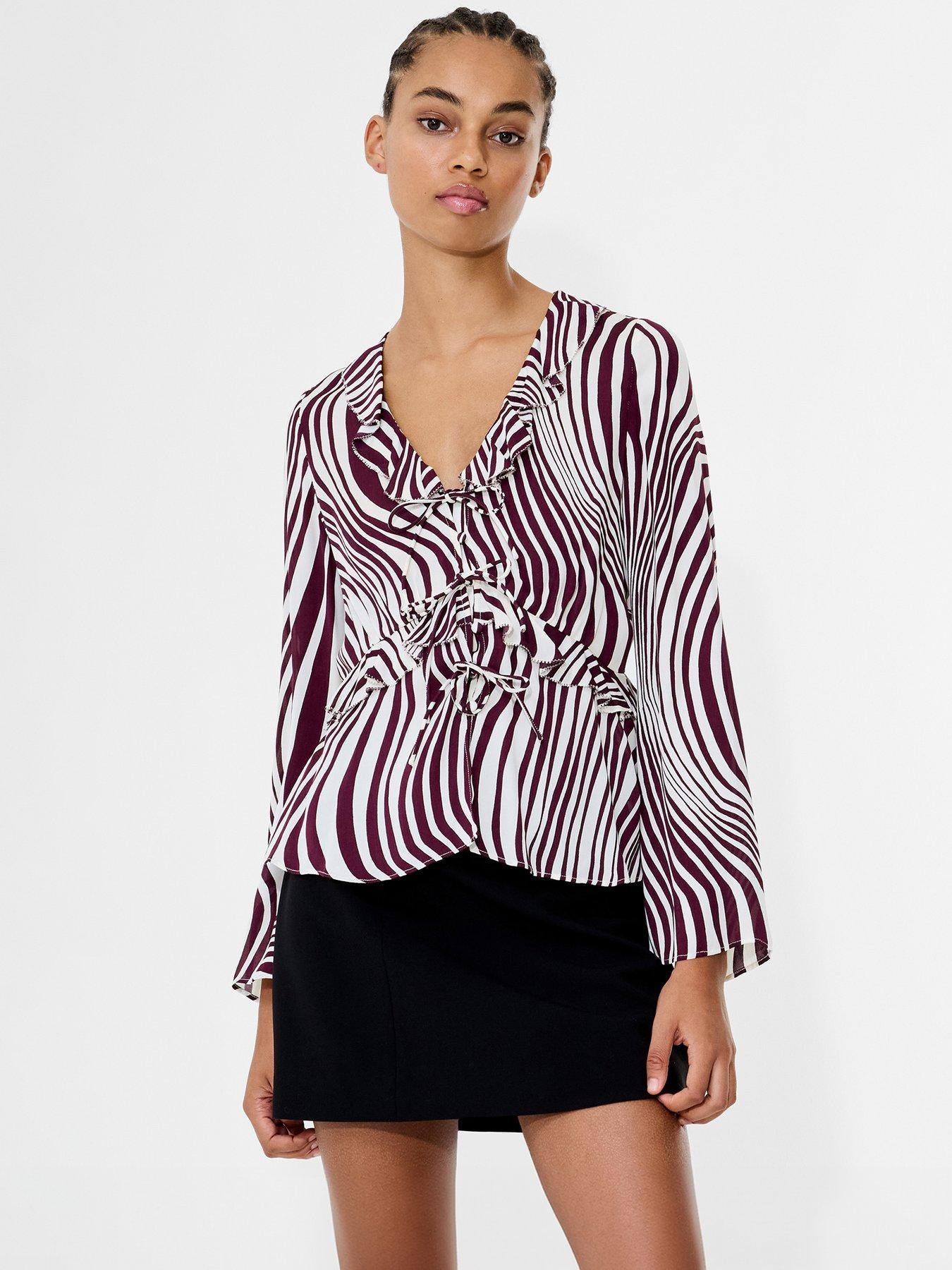 French Connection Wave Print Frill Long Sleeve Tie Blouse - Multi