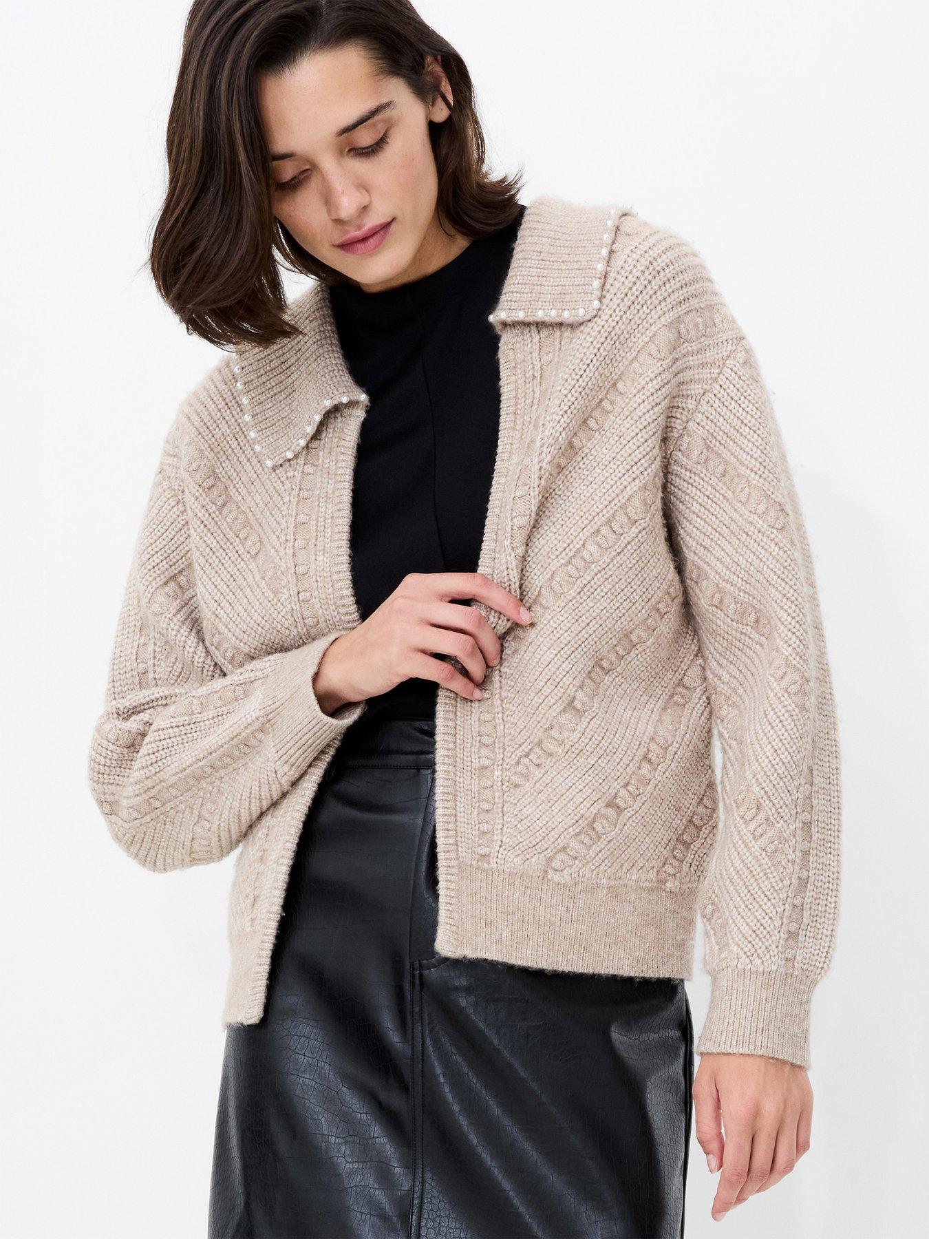 french-connection-textured-knit-open-front-collared-pearl-cardigan-beige