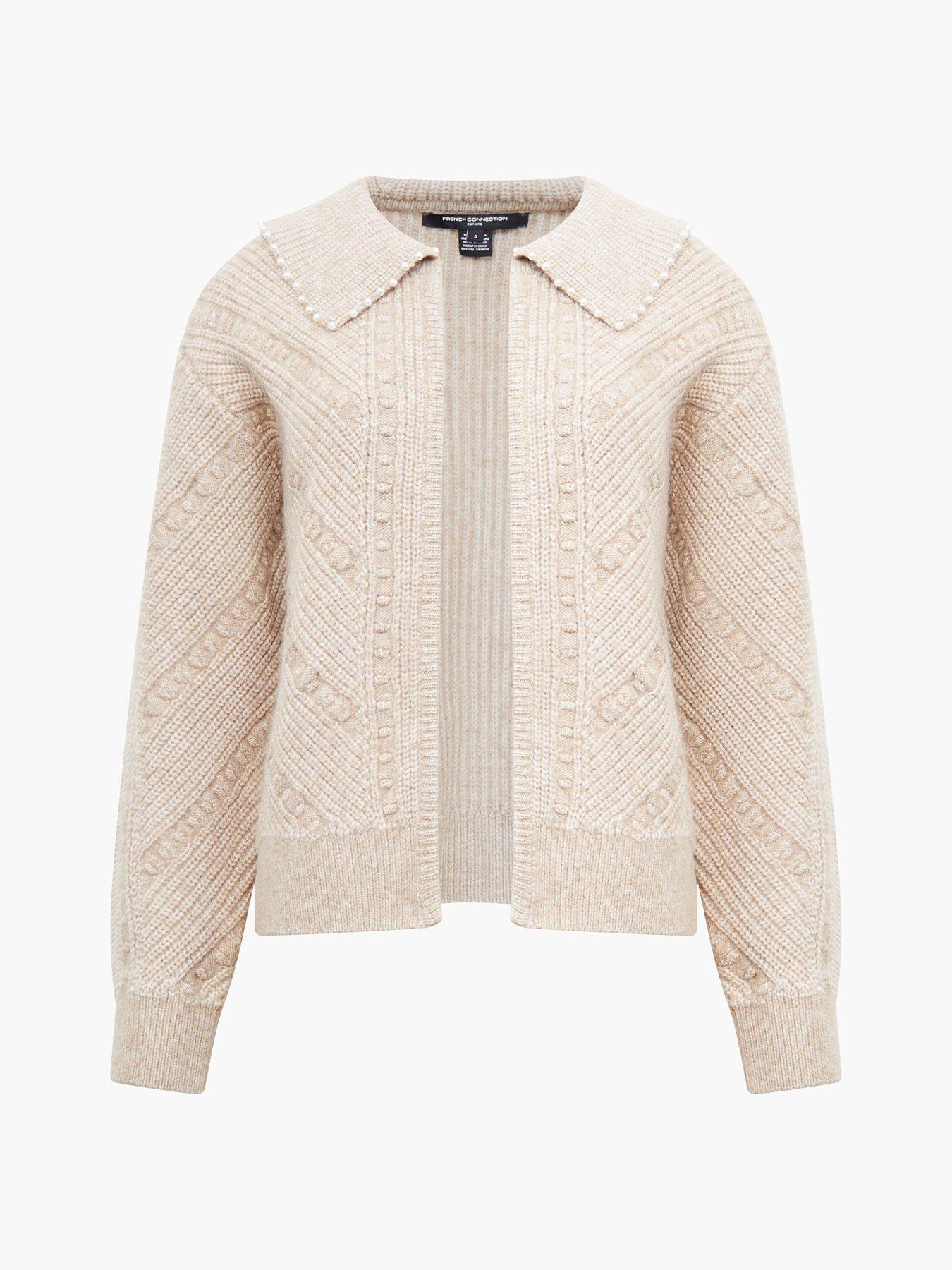 French Connection Textured Knit Open Front Collared Pearl Cardigan