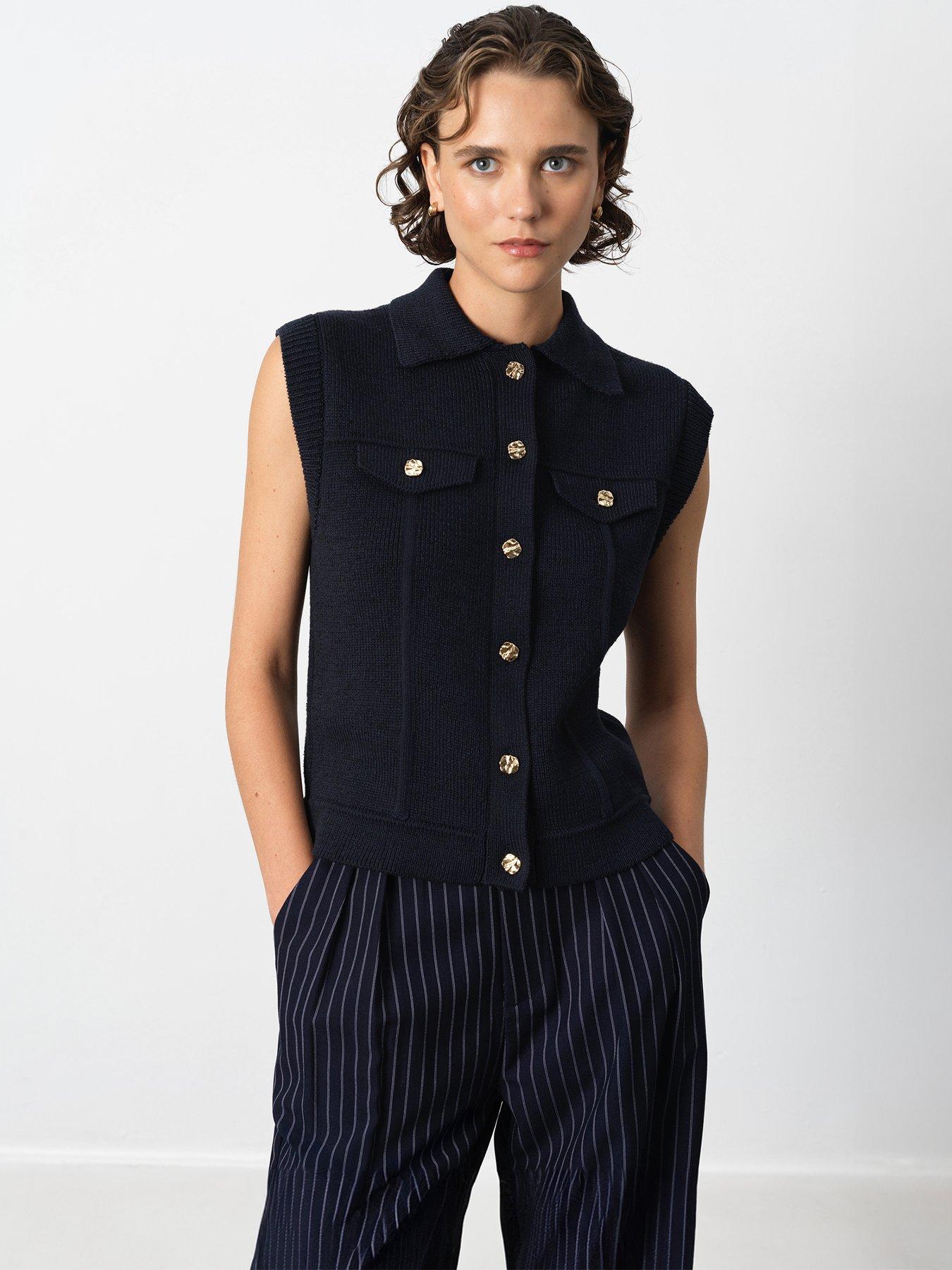 French Connection Knit Collared Button Gilet - Blue
