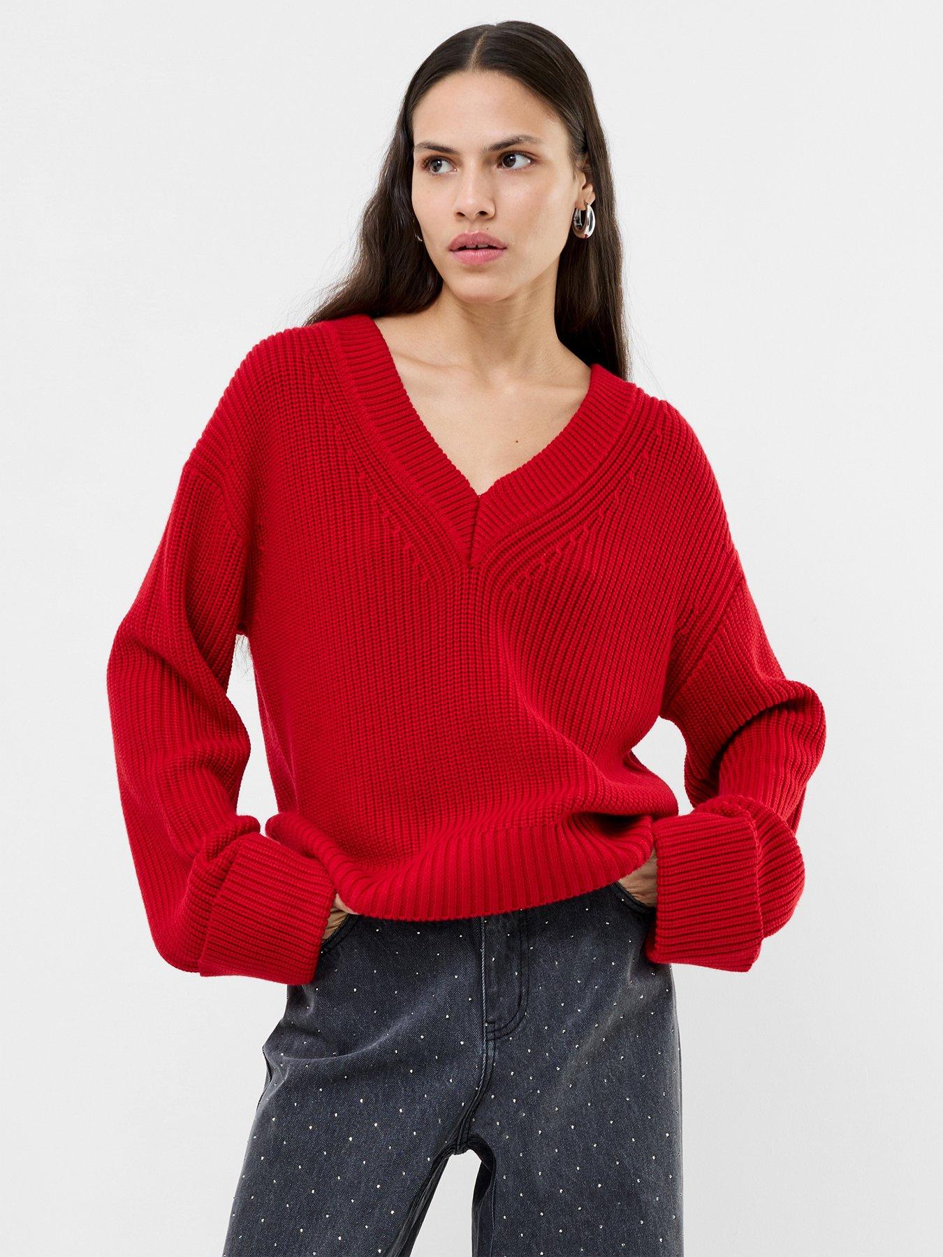 French Connection V-Neck Textured Knit Jumper - Red