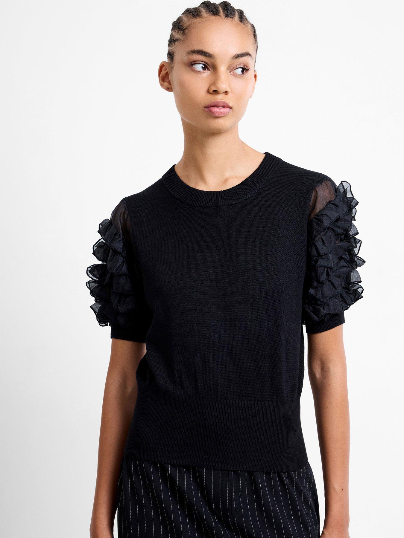 French Connection Short Sleeve Stacked Ruffle Top - Black