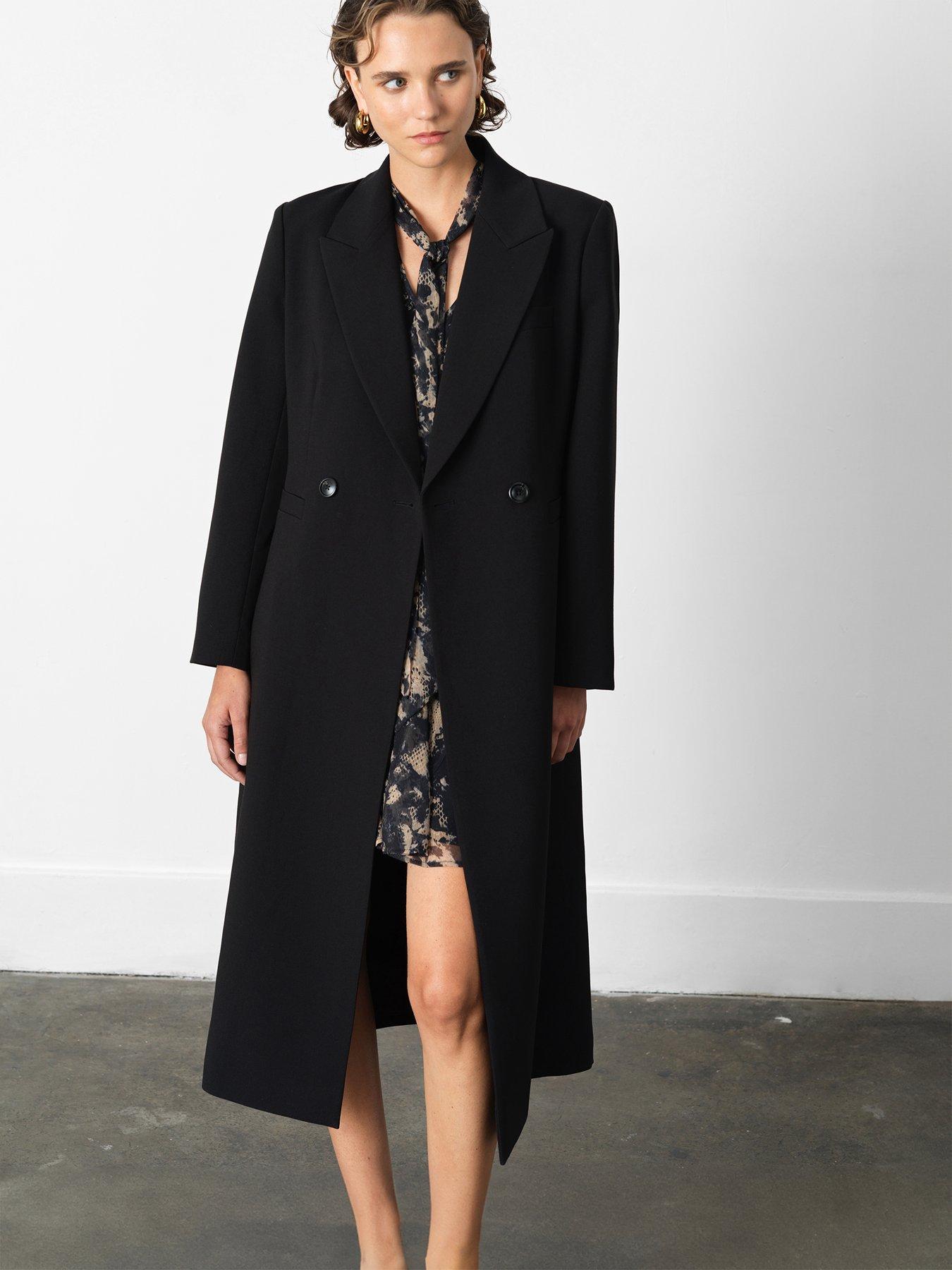 Image 3 of 4 of French Connection Double-Breasted Twill Coat With Tailored Seams - Black