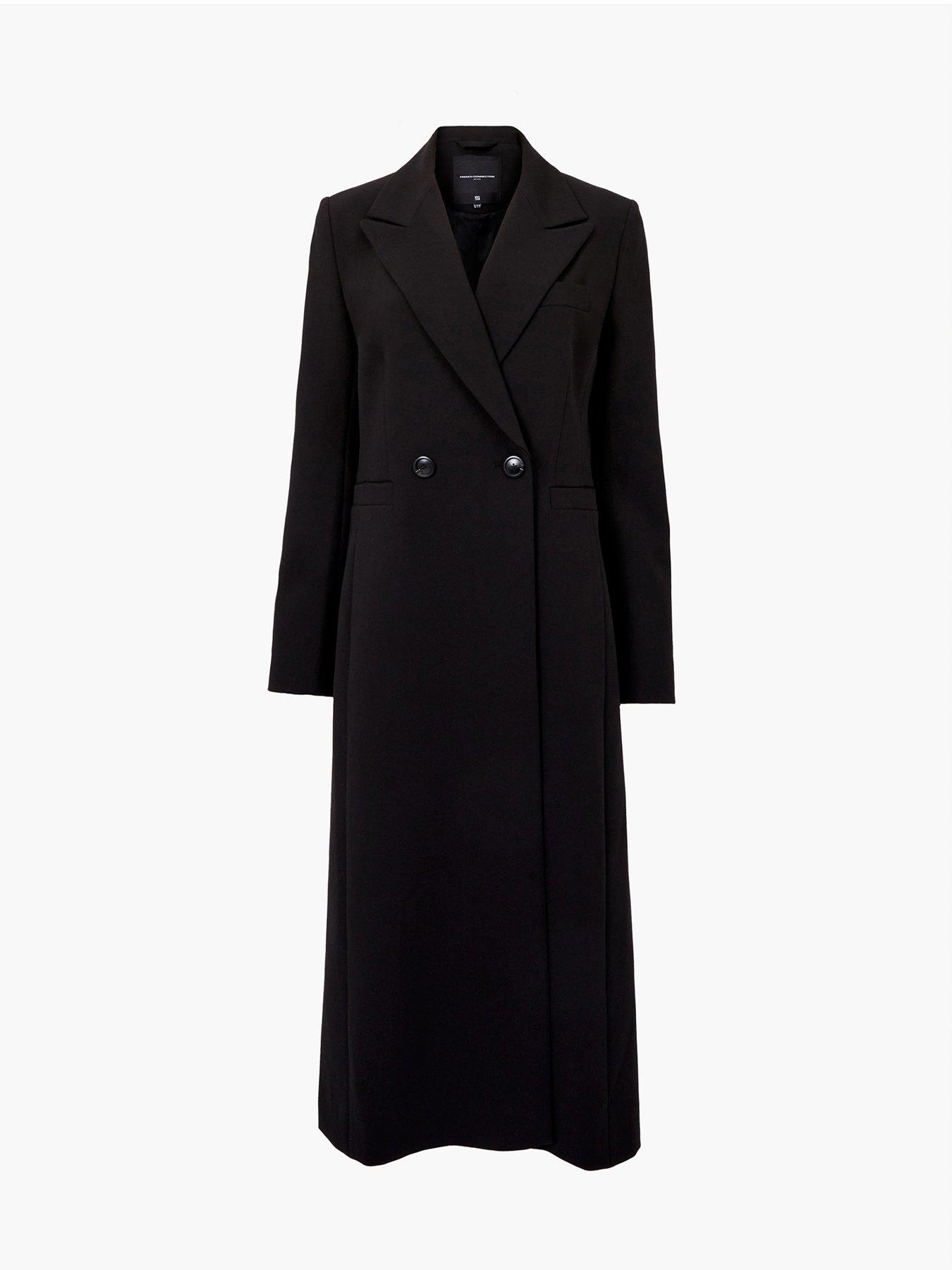 Image 4 of 4 of French Connection Double-Breasted Twill Coat With Tailored Seams - Black