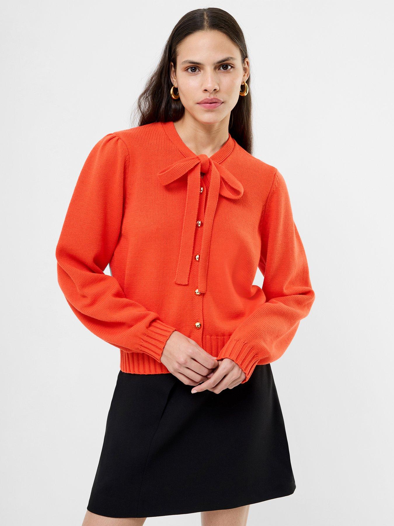 French Connection Knit Long Balloon Sleeve Bow-Tie Neck Button-Up Cardigan - Orange