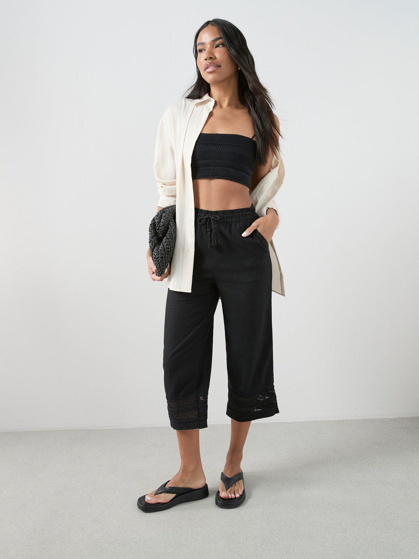 Image 1 of 7 of The Very Collection Linen Blend Crochet Detail Trouser - Black
