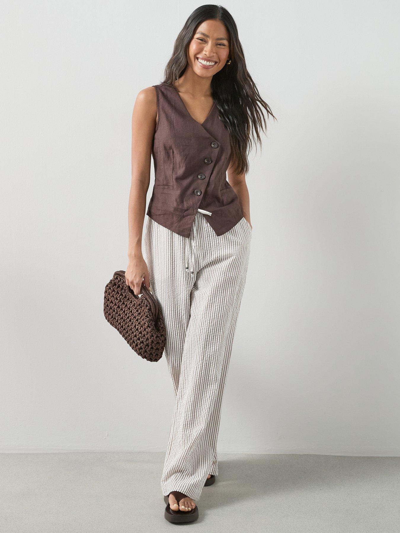 The Very Collection Textured Wide Leg Trousers - Brown Stripe